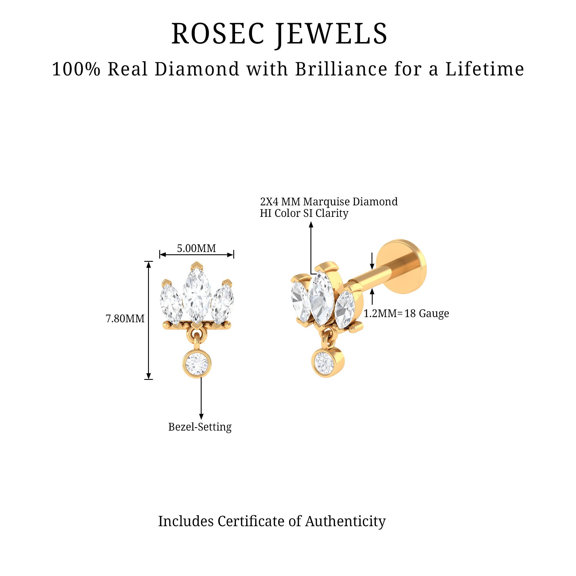 Three Marquise Shape Diamond Helix Drop Earring Natural - ( HI-SI ) - Rosec Jewels