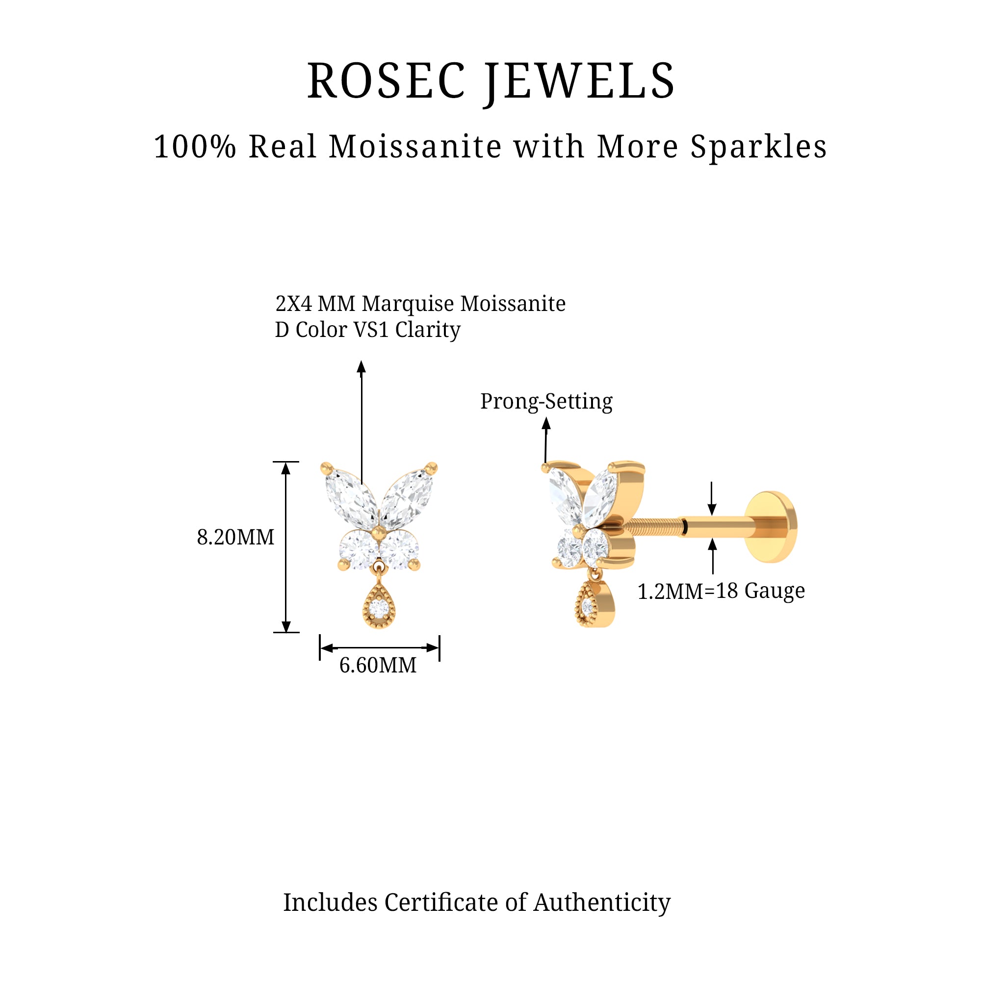 Marquise Moissanite Butterfly Dangle Earring D-VS1 - Rosec Jewels