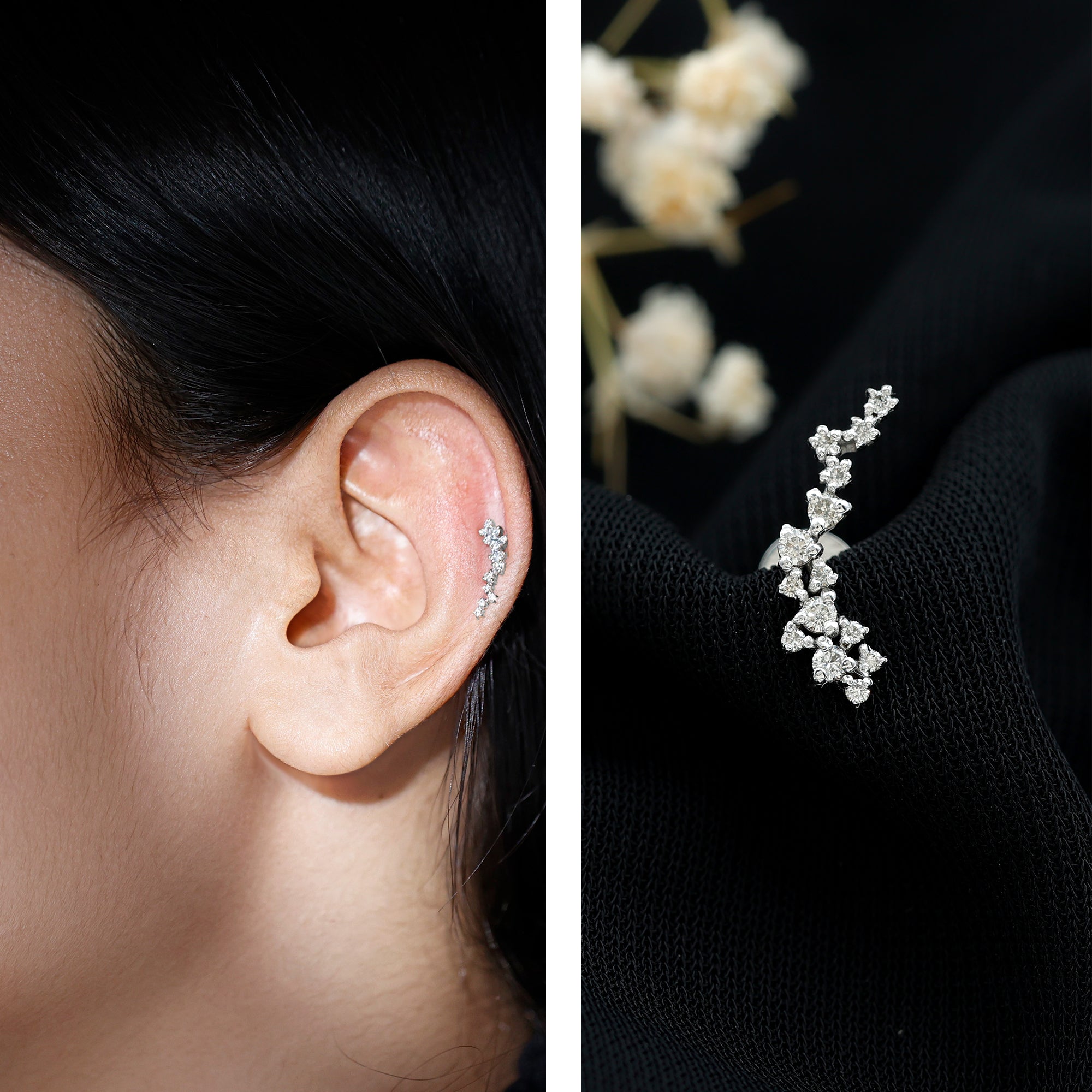 Natural Diamond Cluster Crawler Earring for Helix Piercing Natural - ( HI-SI ) - Rosec Jewels