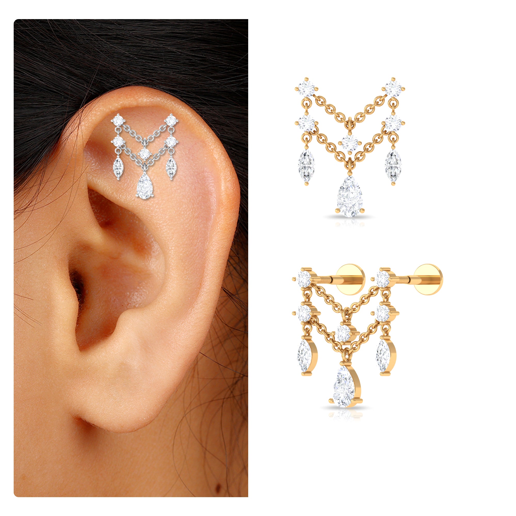 Pear Moissanite Double Chain Earring for Cartilage Piercing D-VS1 - Rosec Jewels