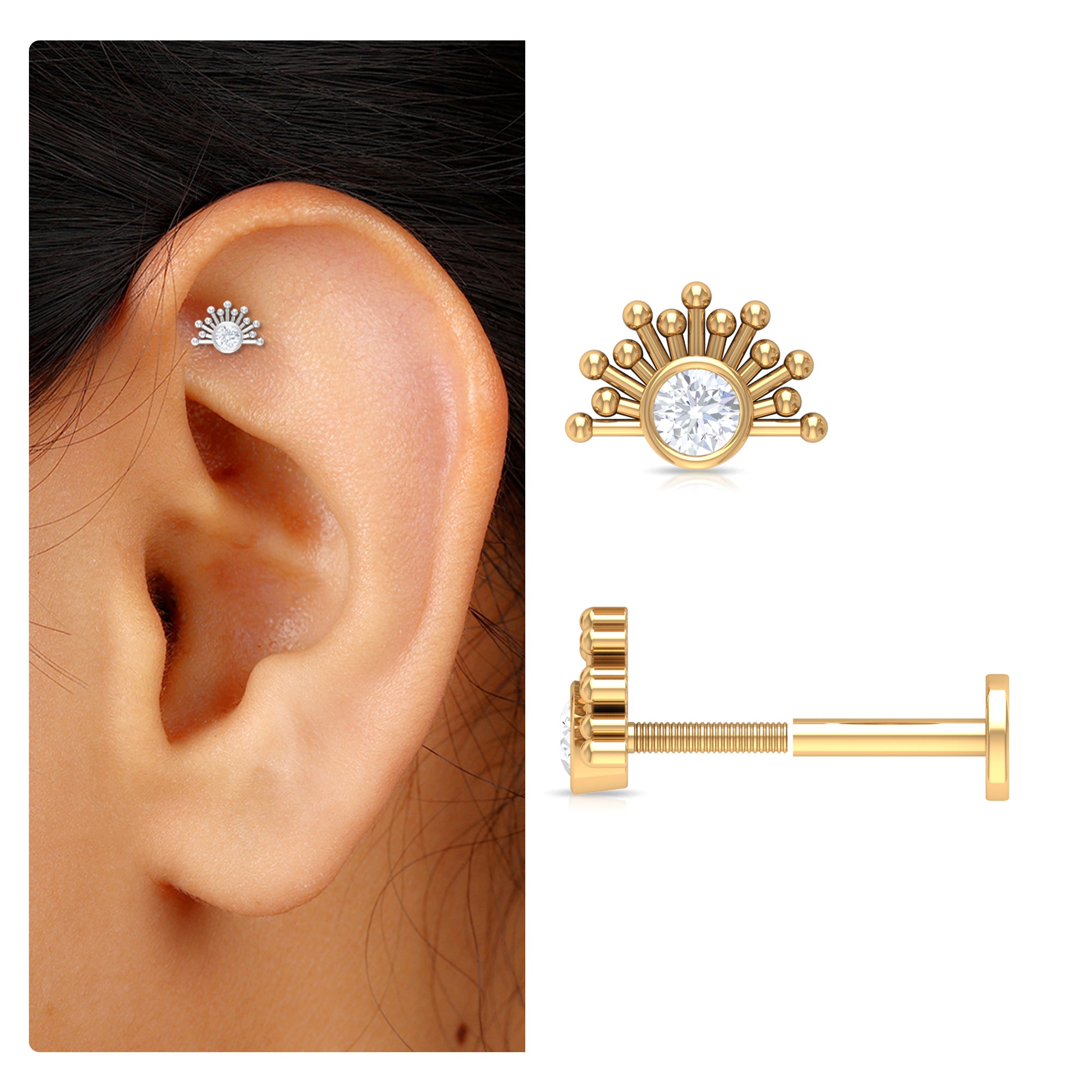 Bezel Set Diamond Sunburst Earring for Helix Piercing Natural - ( HI-SI ) - Rosec Jewels