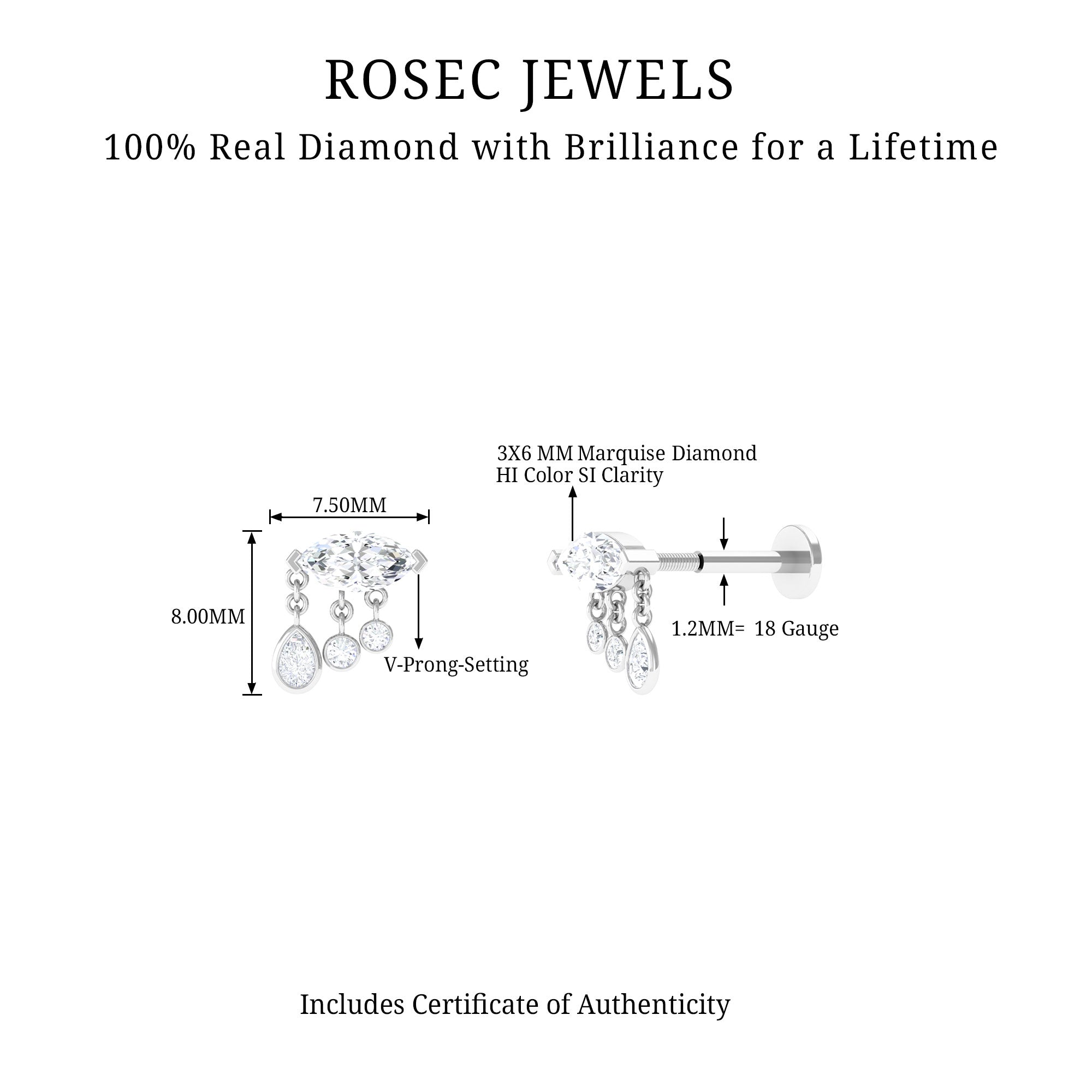 Marquise Diamond Drop Earring for Helix Piercing Natural - ( HI-SI ) - Rosec Jewels