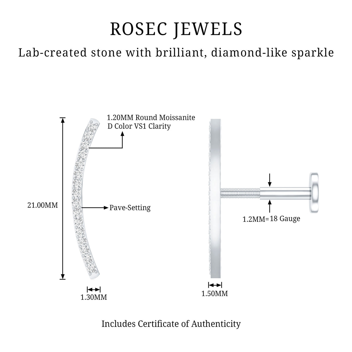 Certified Moissanite Curved Climber Earring for Her D-VS1 - Rosec Jewels