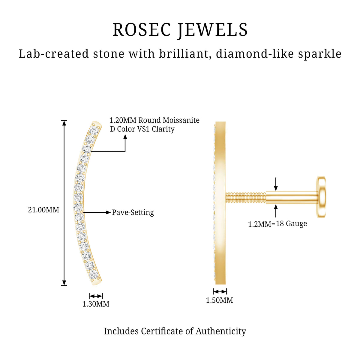 Certified Moissanite Curved Climber Earring for Her D-VS1 - Rosec Jewels