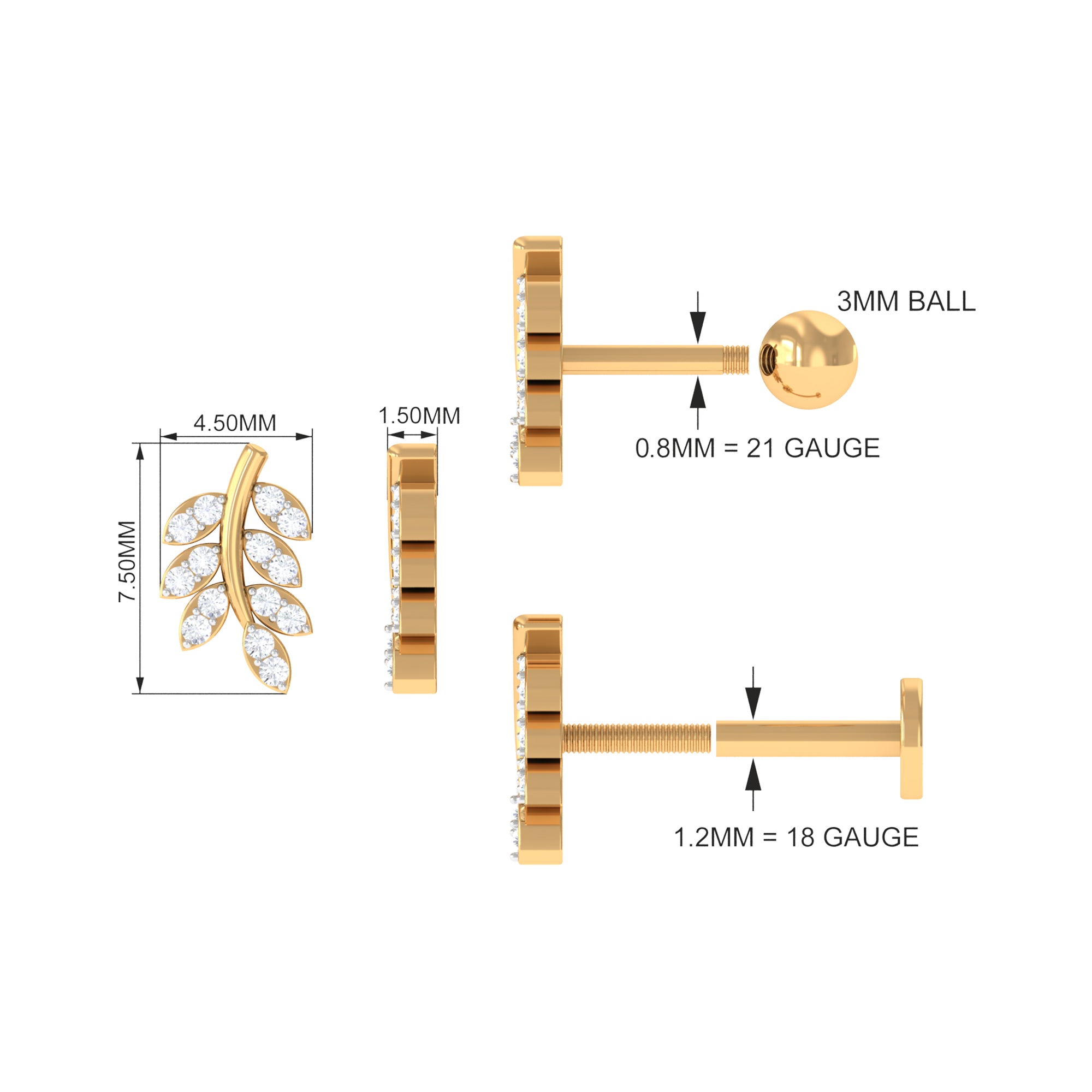 Natural Diamond Olive Leaf Earring for Cartilage Piercing Natural - ( HI-SI ) - Rosec Jewels