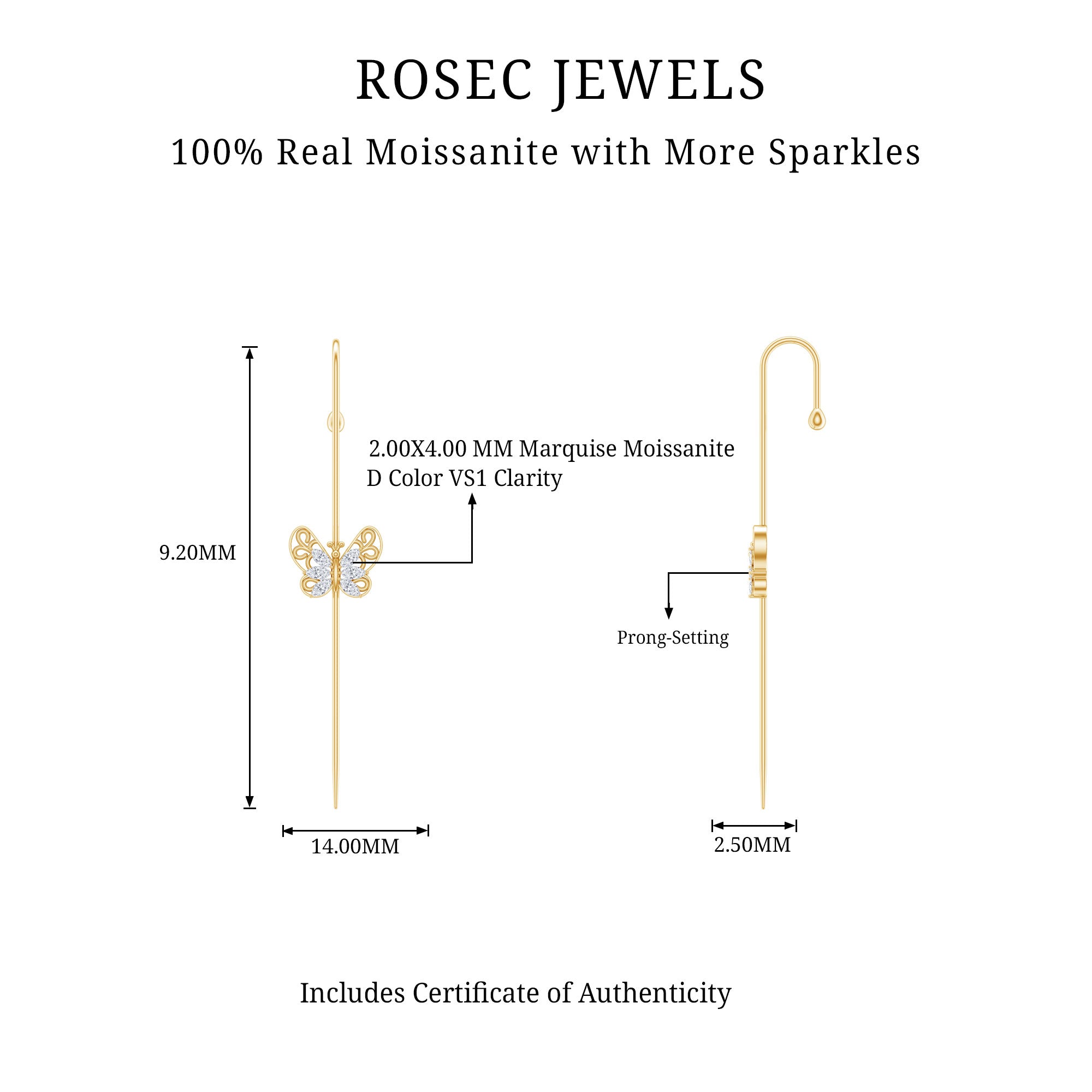 Elegant Certified Moissanite Butterfly Ear Pin Earring D-VS1 - Rosec Jewels