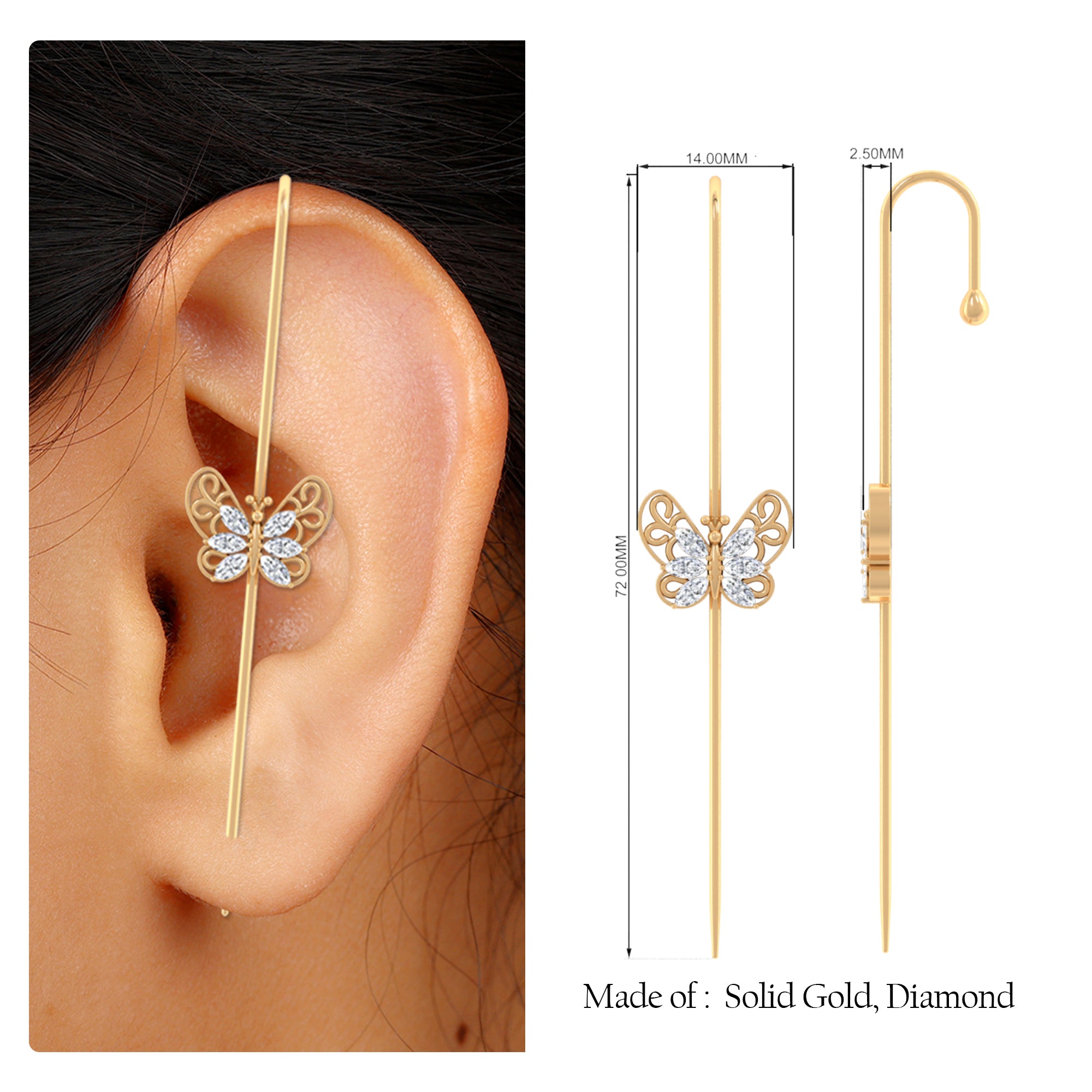 Elegant Certified Moissanite Butterfly Ear Pin Earring D-VS1 - Rosec Jewels