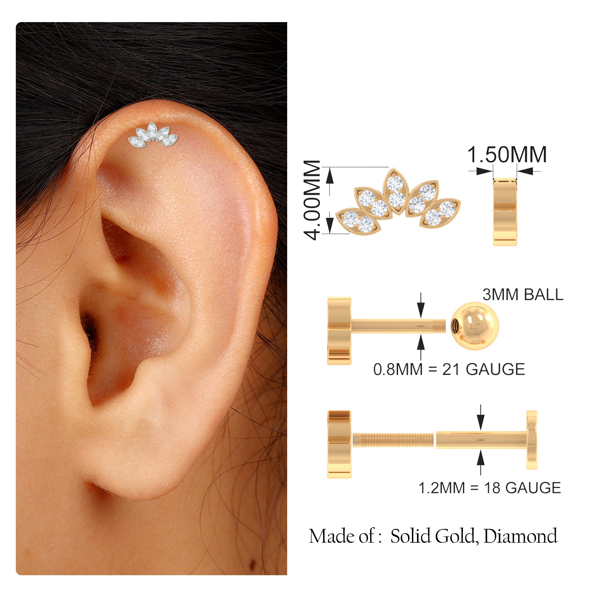 Natural Round Diamond Flower Earring for Helix Piercing Natural - ( HI-SI ) - Rosec Jewels