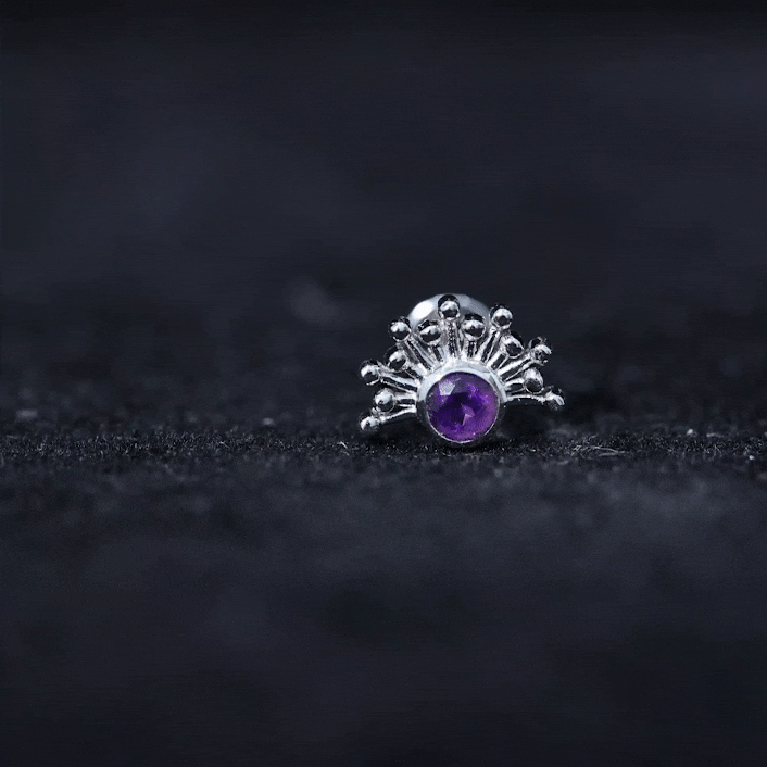 Bezel Set Round Amethyst Sunburst Helix Earring AAA - Rosec Jewels