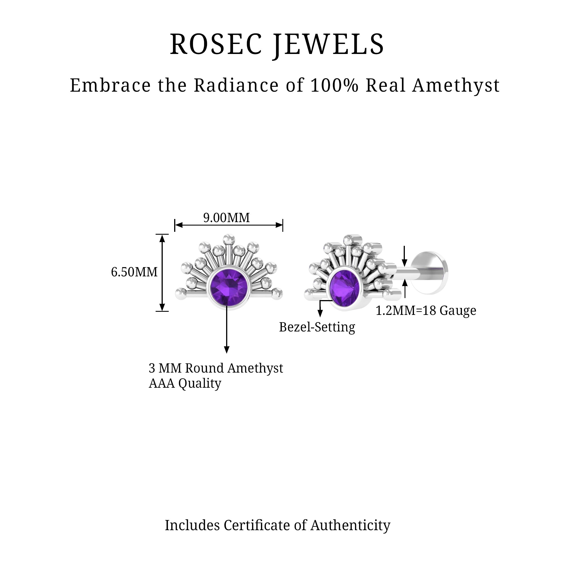 Bezel Set Round Amethyst Sunburst Helix Earring AAA - Rosec Jewels