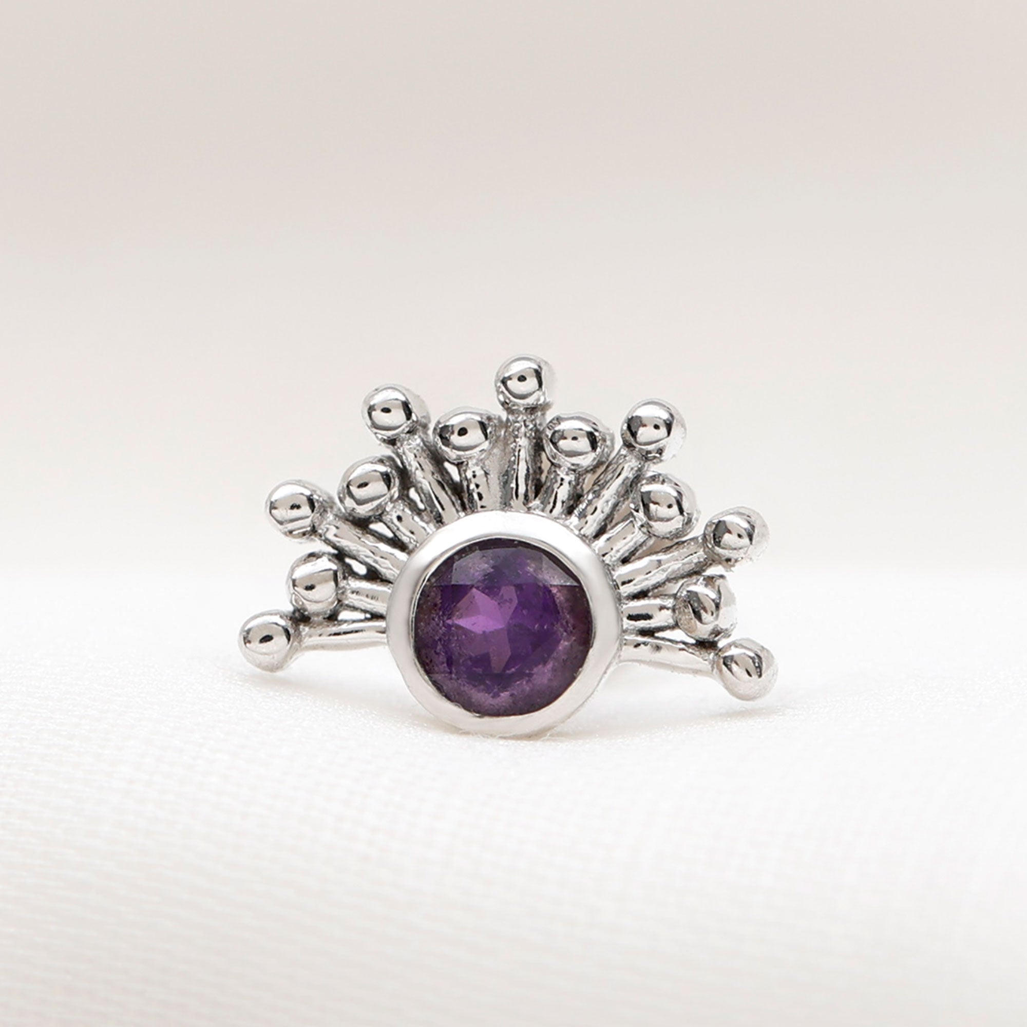 Bezel Set Round Amethyst Sunburst Helix Earring AAA - Rosec Jewels