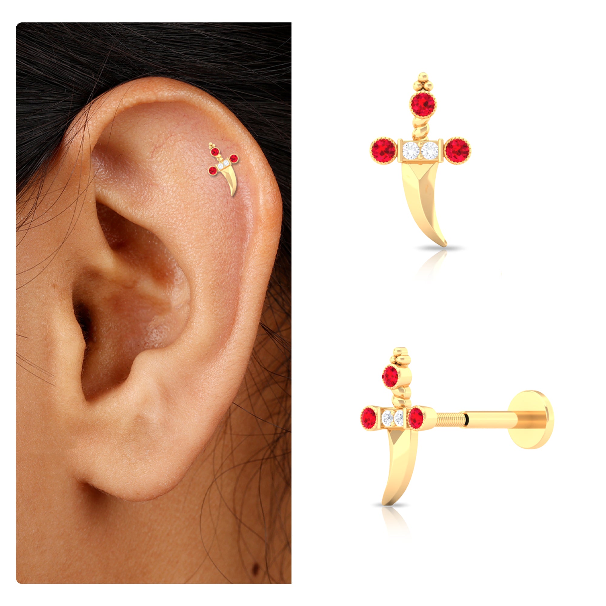 Real Ruby and Diamond Dagger Helix Earring AAA - Rosec Jewels