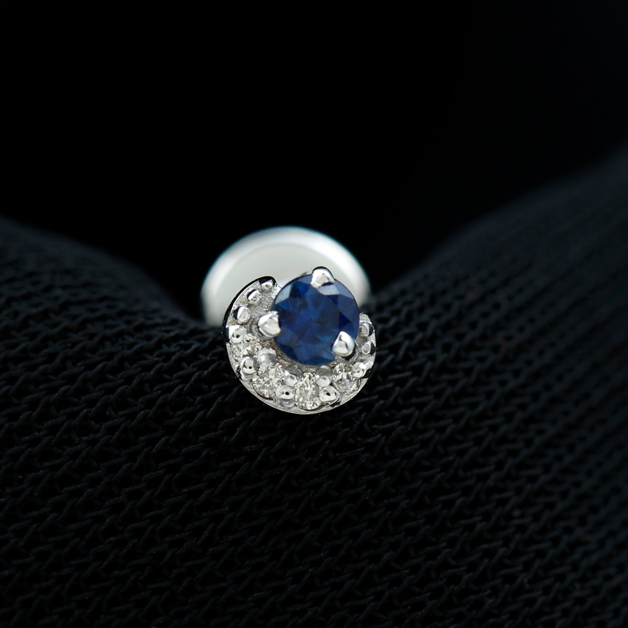 Dainty Blue Sapphire and Diamond Moon Helix Earring AAA - Rosec Jewels