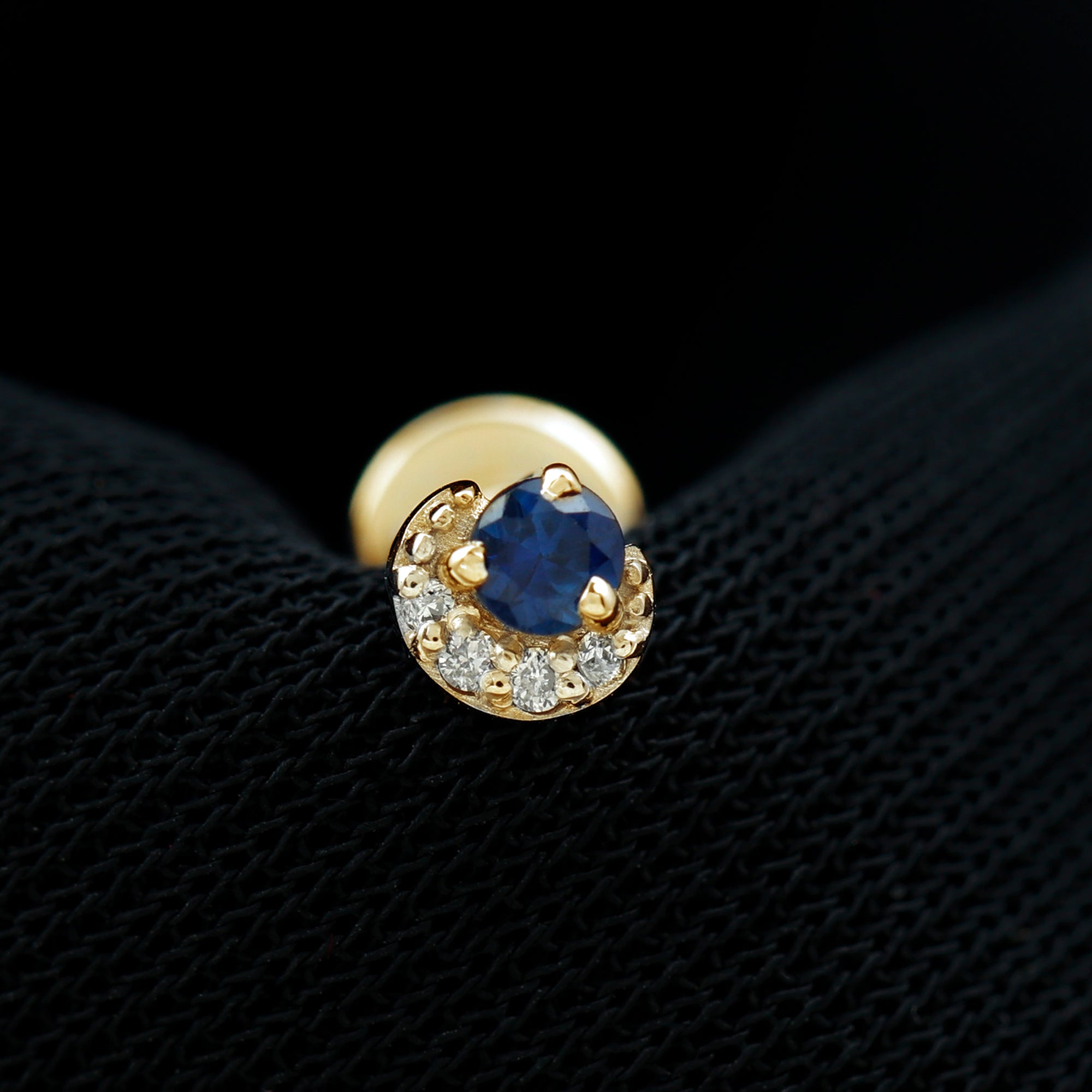 Dainty Blue Sapphire and Diamond Moon Helix Earring AAA - Rosec Jewels