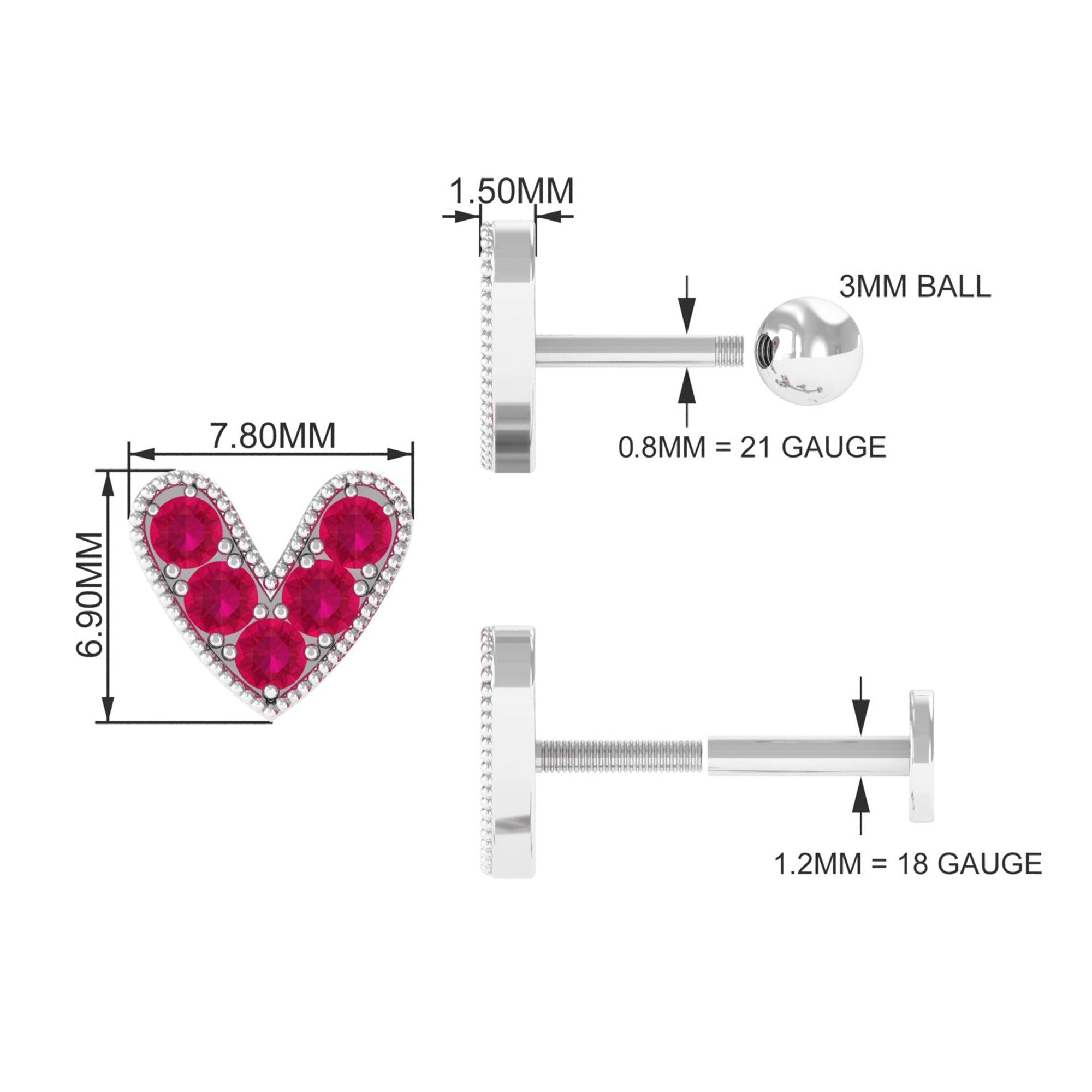 Rosec Jewels-Natural Ruby Heart Earring for Helix Piercing