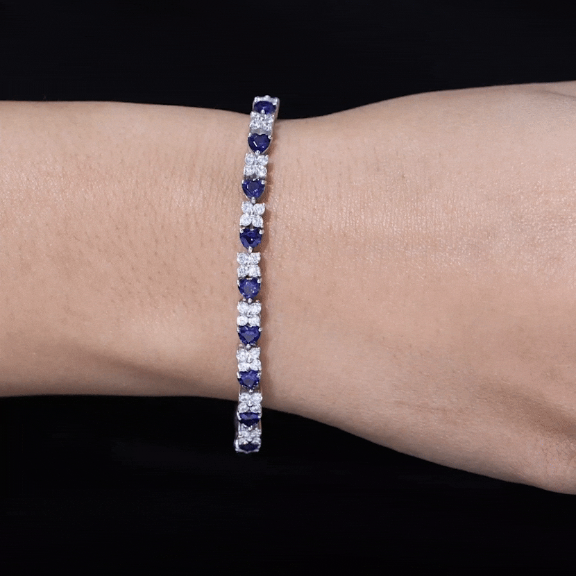 Heart Shape Lab Grown Blue Sapphire and Diamond Tennis Bracelet AAAA - Rosec Jewels