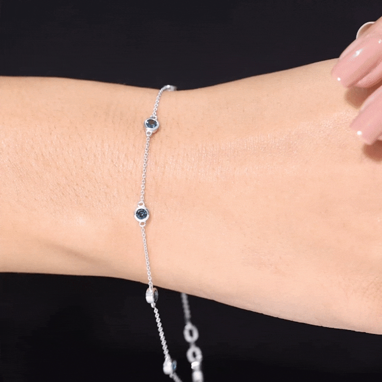 Bezel Set London Blue Topaz Station Chain Bracelet AAA - Rosec Jewels