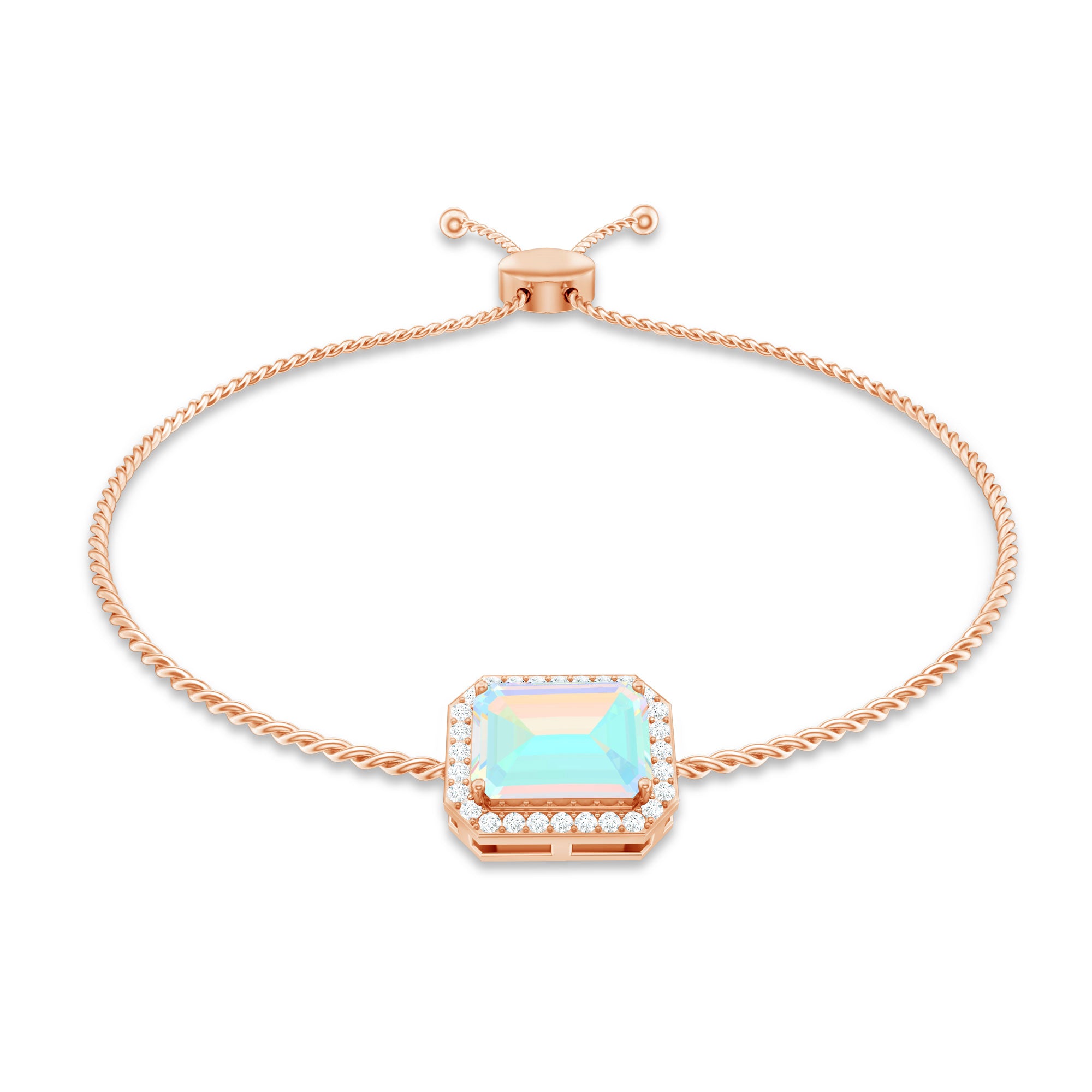 2 Carat Emerald Cut Ethiopian Opal and Diamond Bolo Chain Bracelet AAA - Rosec Jewels