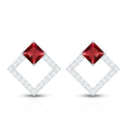 Princess Cut Lab Created Ruby and Diamond Square Stud Earrings AAAA - Rosec Jewels
