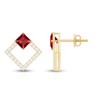 Princess Cut Lab Created Ruby and Diamond Square Stud Earrings AAAA - Rosec Jewels