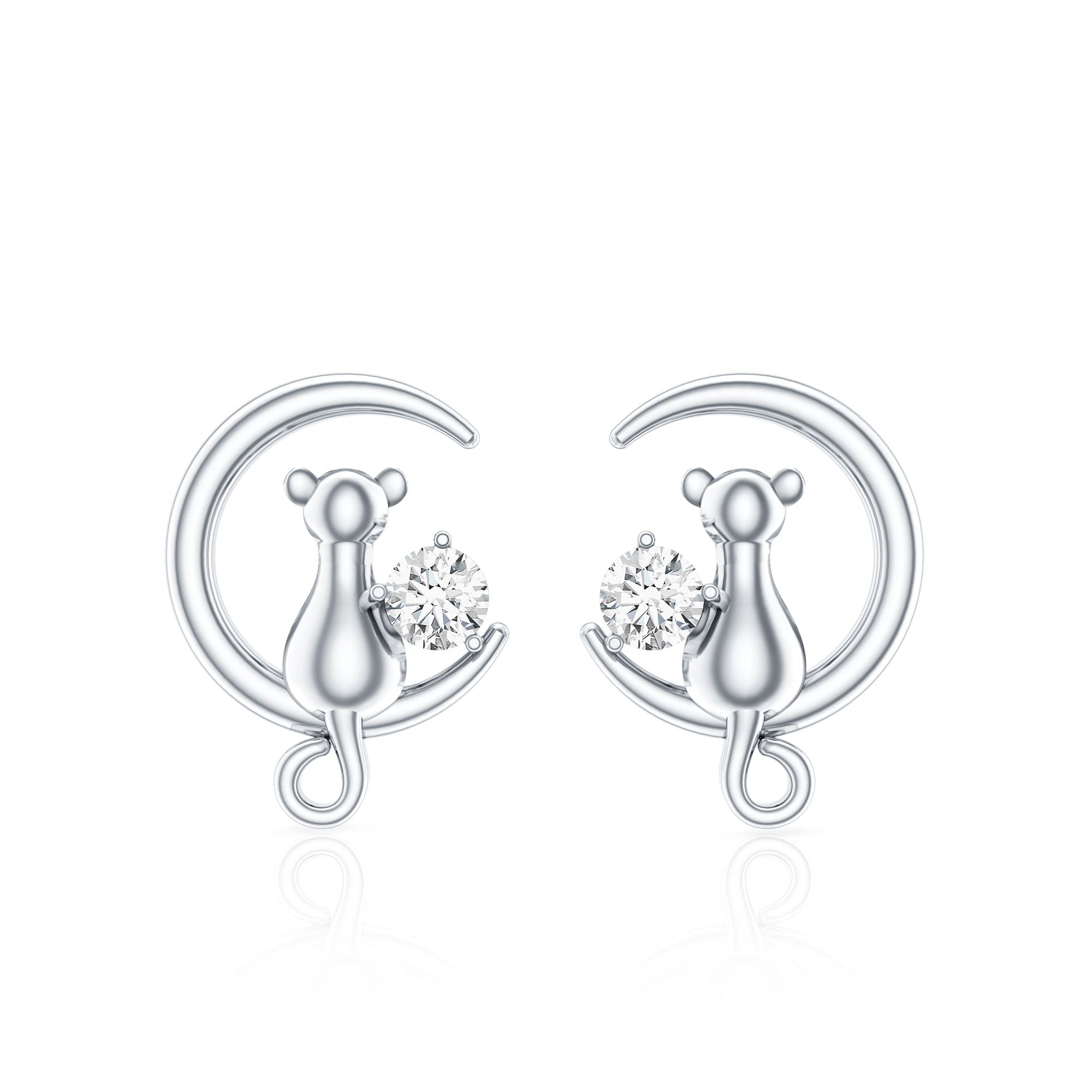 Diamond Cat Moon Stud Earrings for Women Natural - ( HI-SI ) - Rosec Jewels