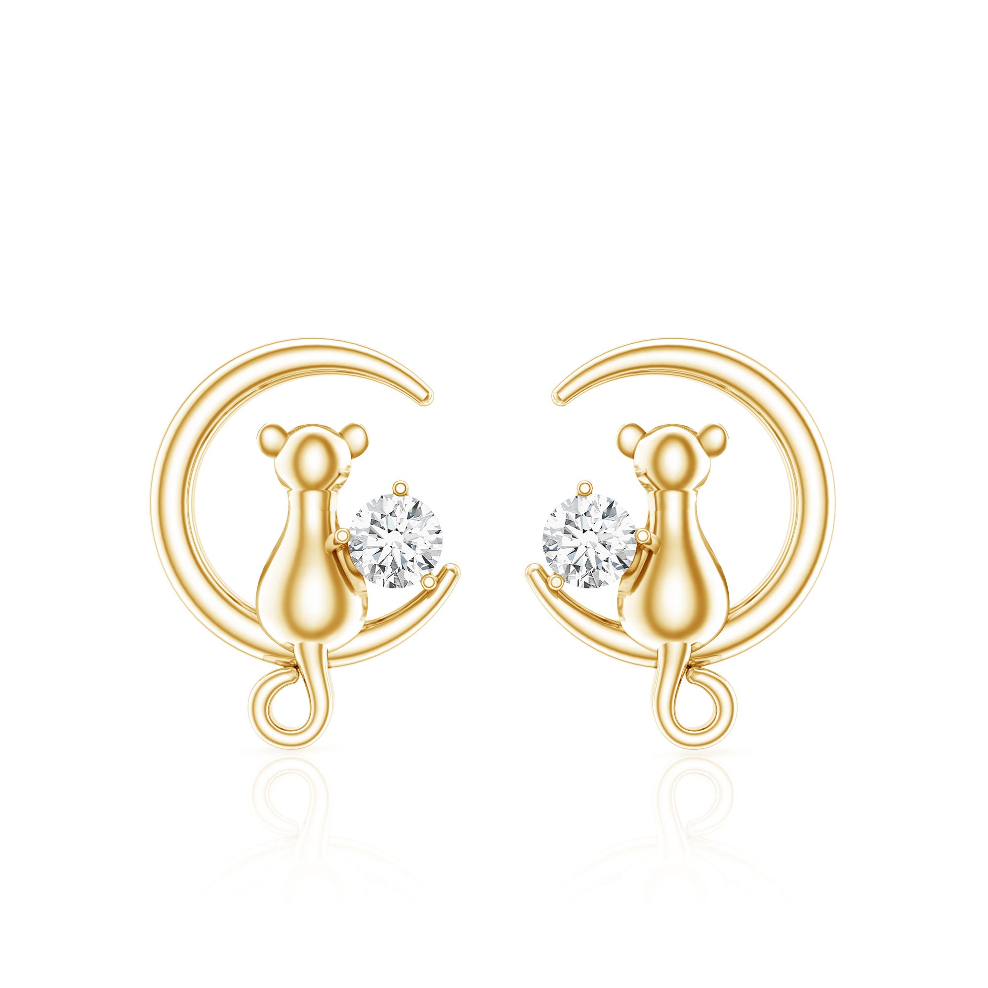 Diamond Cat Moon Stud Earrings for Women Natural - ( HI-SI ) - Rosec Jewels