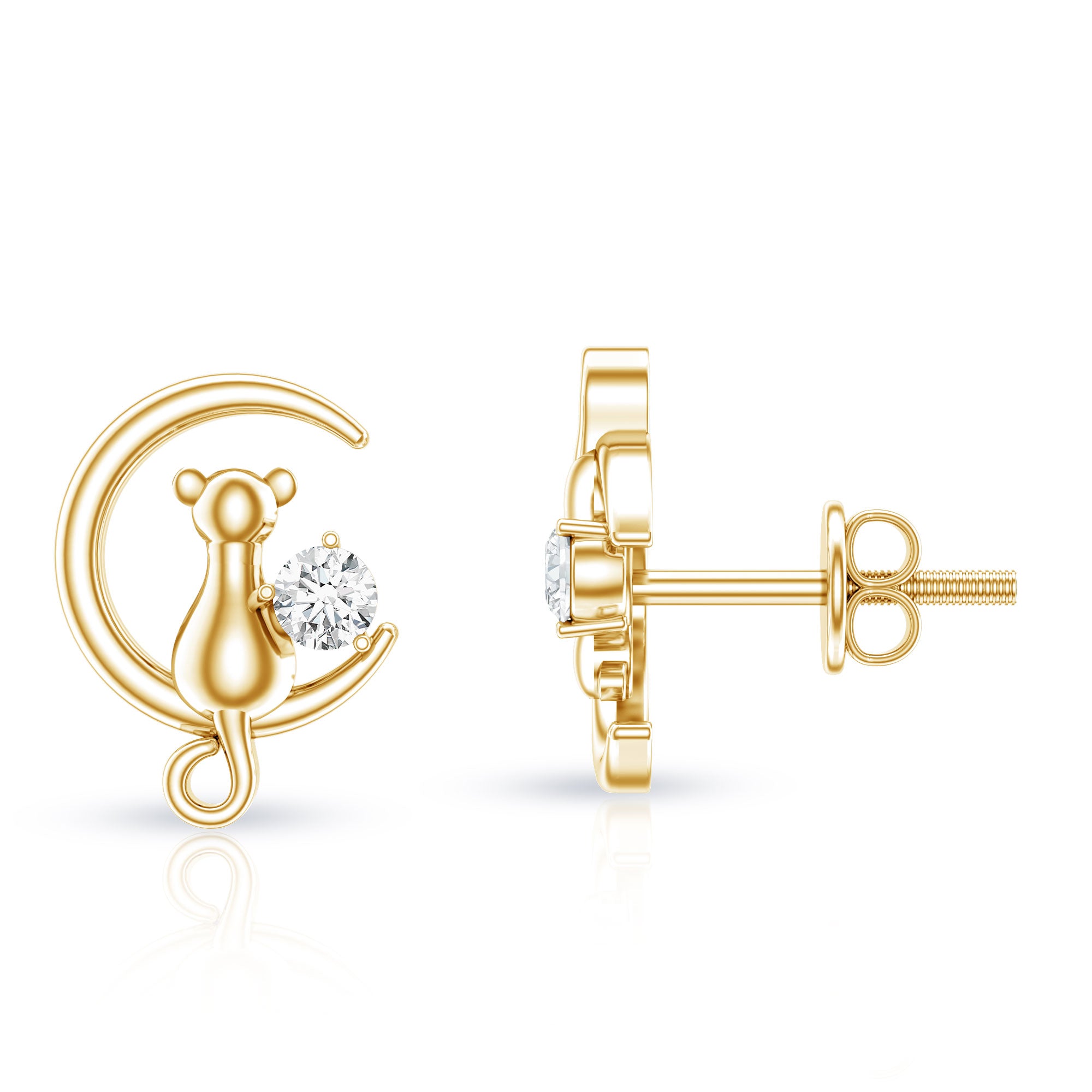 Diamond Cat Moon Stud Earrings for Women Natural - ( HI-SI ) - Rosec Jewels