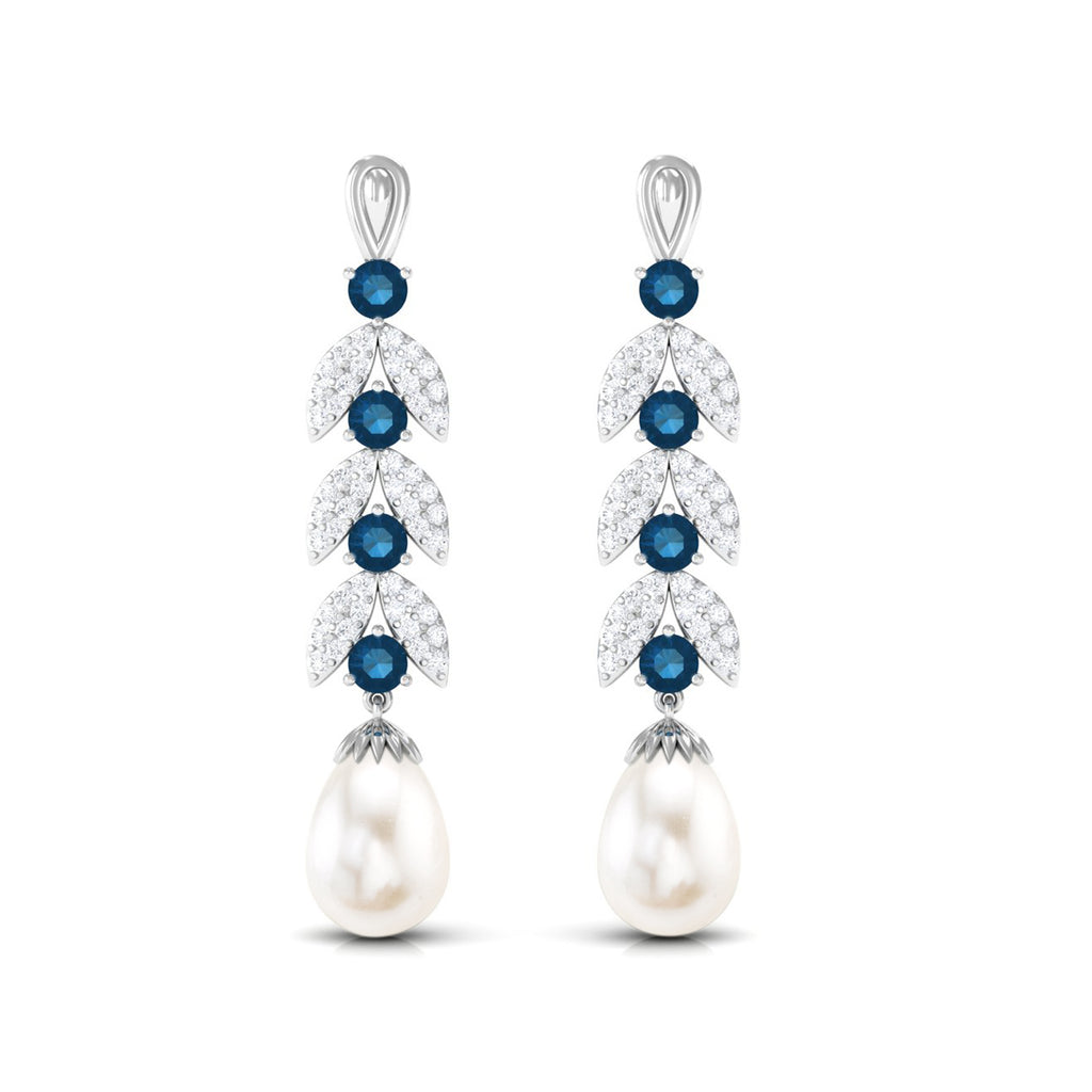 Freshwater Pearl and London Blue Topaz Drop Earrings with Moissanite Freshwater Pearl - ( AAA ) - Quality - Rosec Jewels