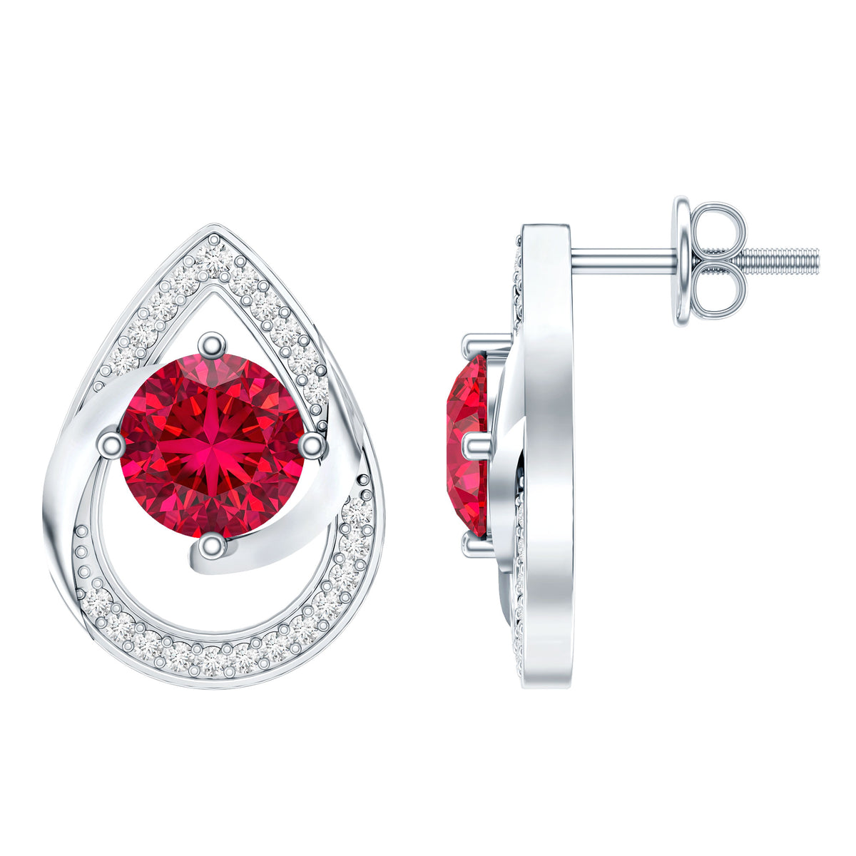 Lab Grown Ruby Teardrop Stud Earrings With Diamond AAAA - Rosec Jewels
