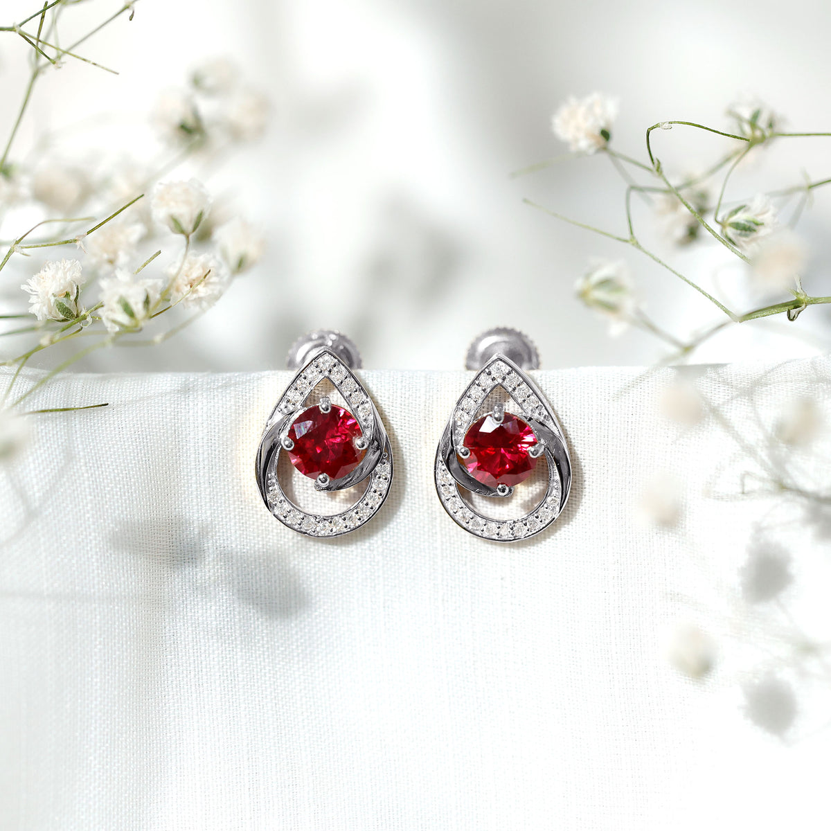 Lab Grown Ruby Teardrop Stud Earrings With Diamond AAAA - Rosec Jewels