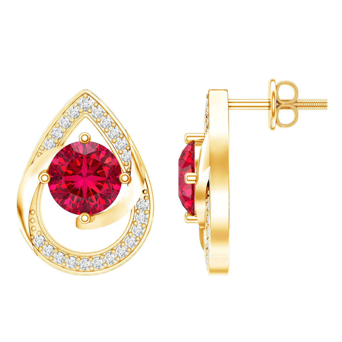 Lab Grown Ruby Teardrop Stud Earrings With Diamond AAAA - Rosec Jewels