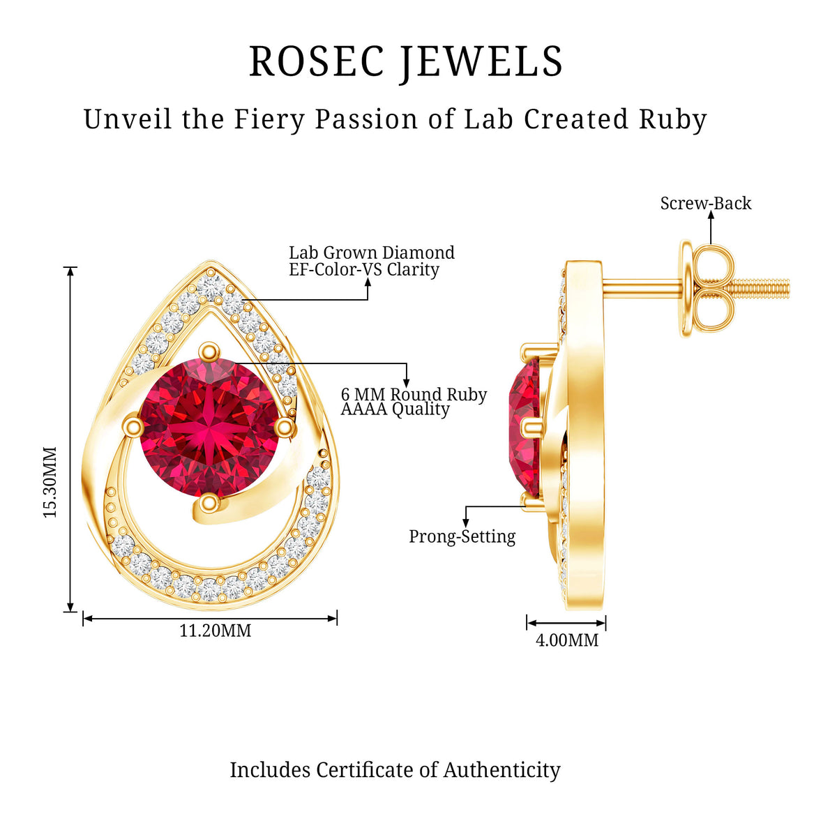 Lab Grown Ruby Teardrop Stud Earrings With Diamond AAAA - Rosec Jewels