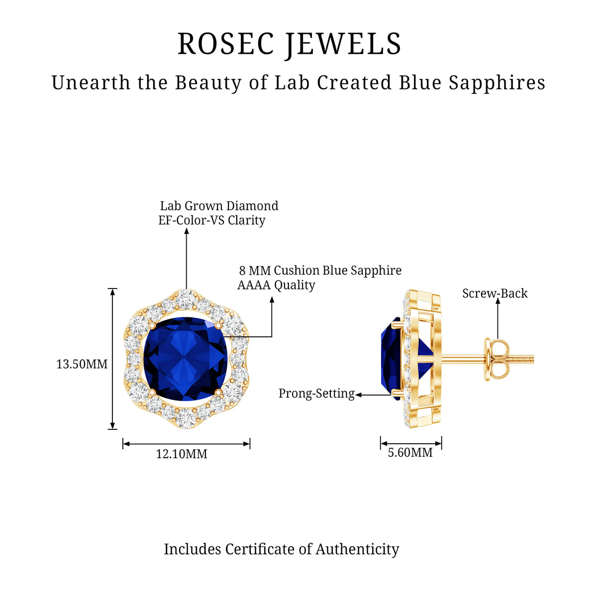 Classic Lab Grown Blue Sapphire Halo Stud Earrings with Diamond AAAA - Rosec Jewels