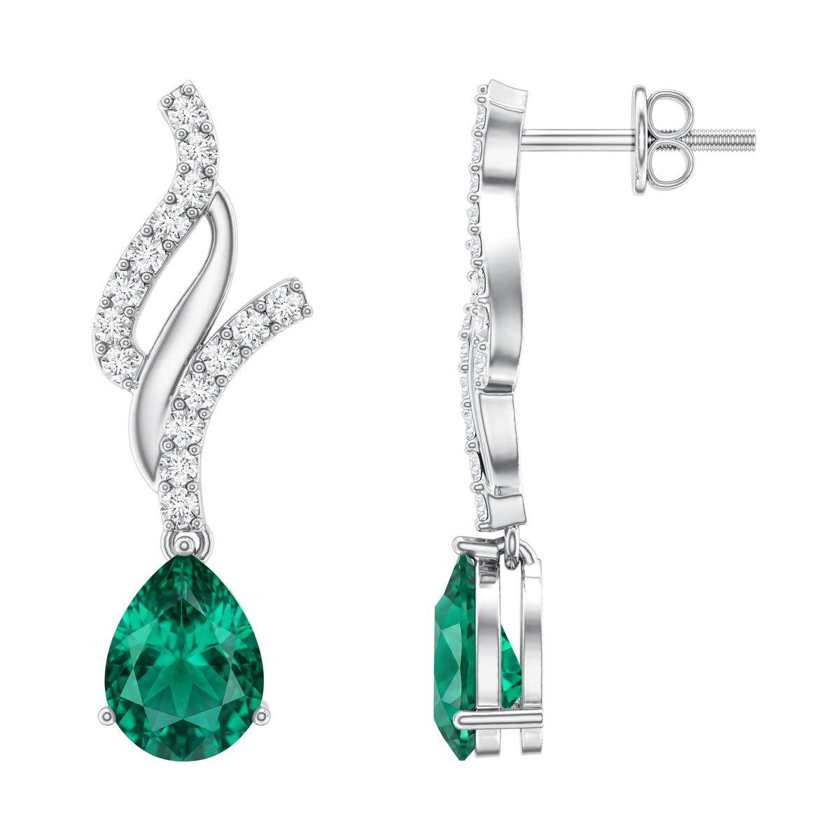 Vintage Lab Grown Emerald Teardrop Earrings with Diamond Accent AAAA - Rosec Jewels