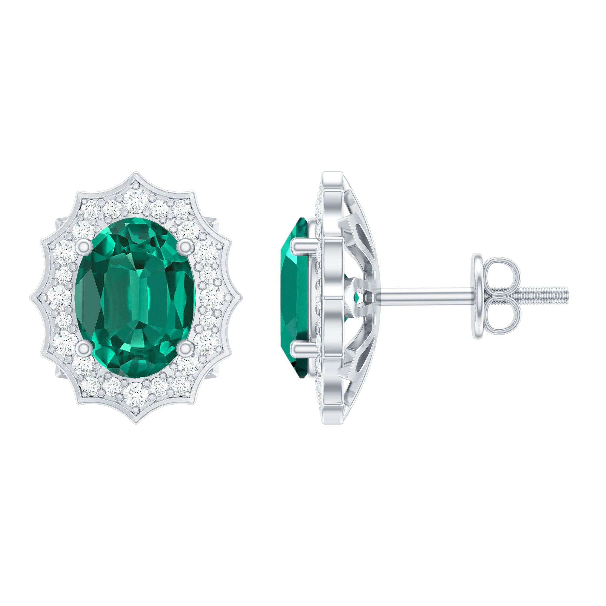 Lab Grown Emerald Vintage Stud Earrings with Moissanite