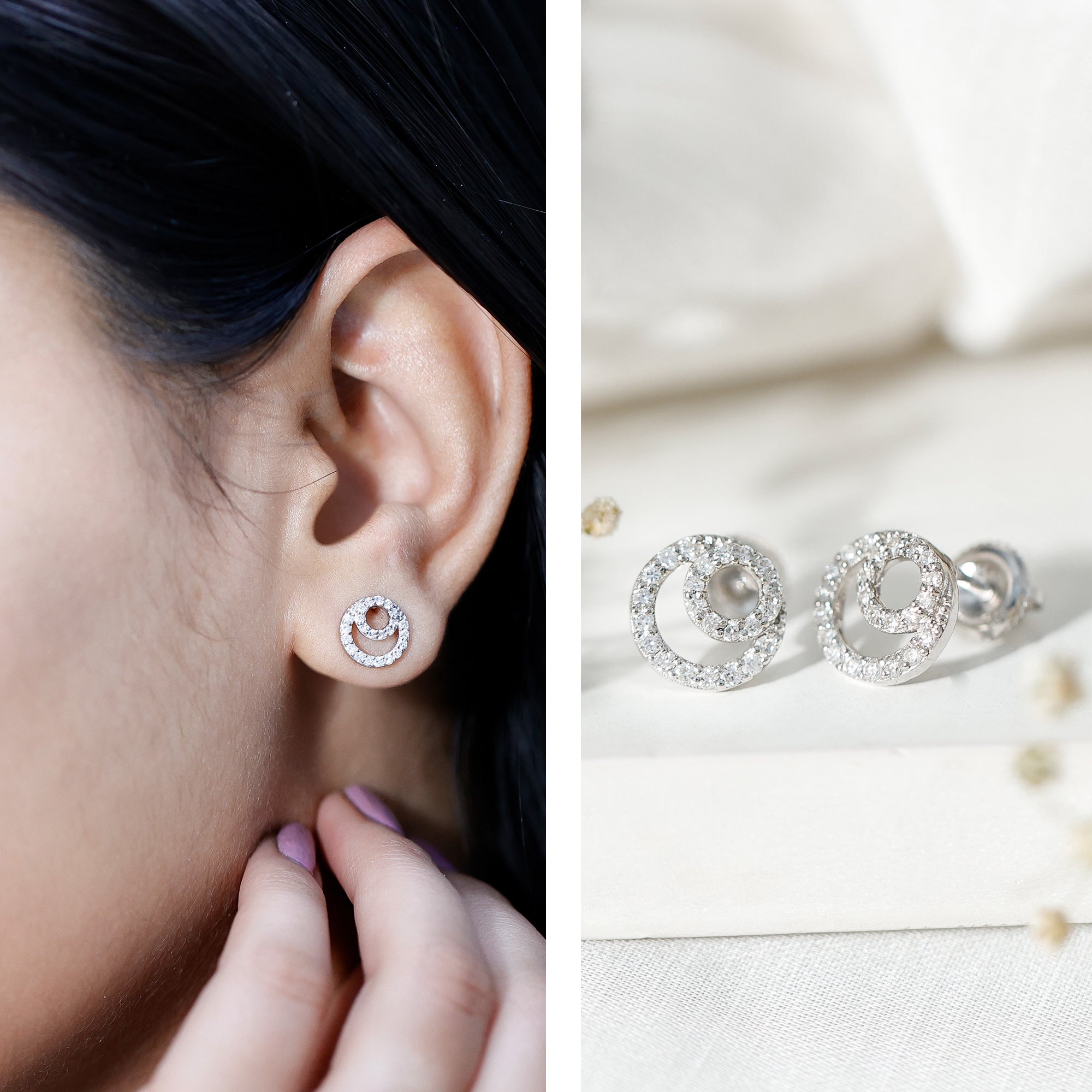 Lab Grown Diamond Double Circle Stud Earrings Lab - ( EF-VS ) - Rosec Jewels
