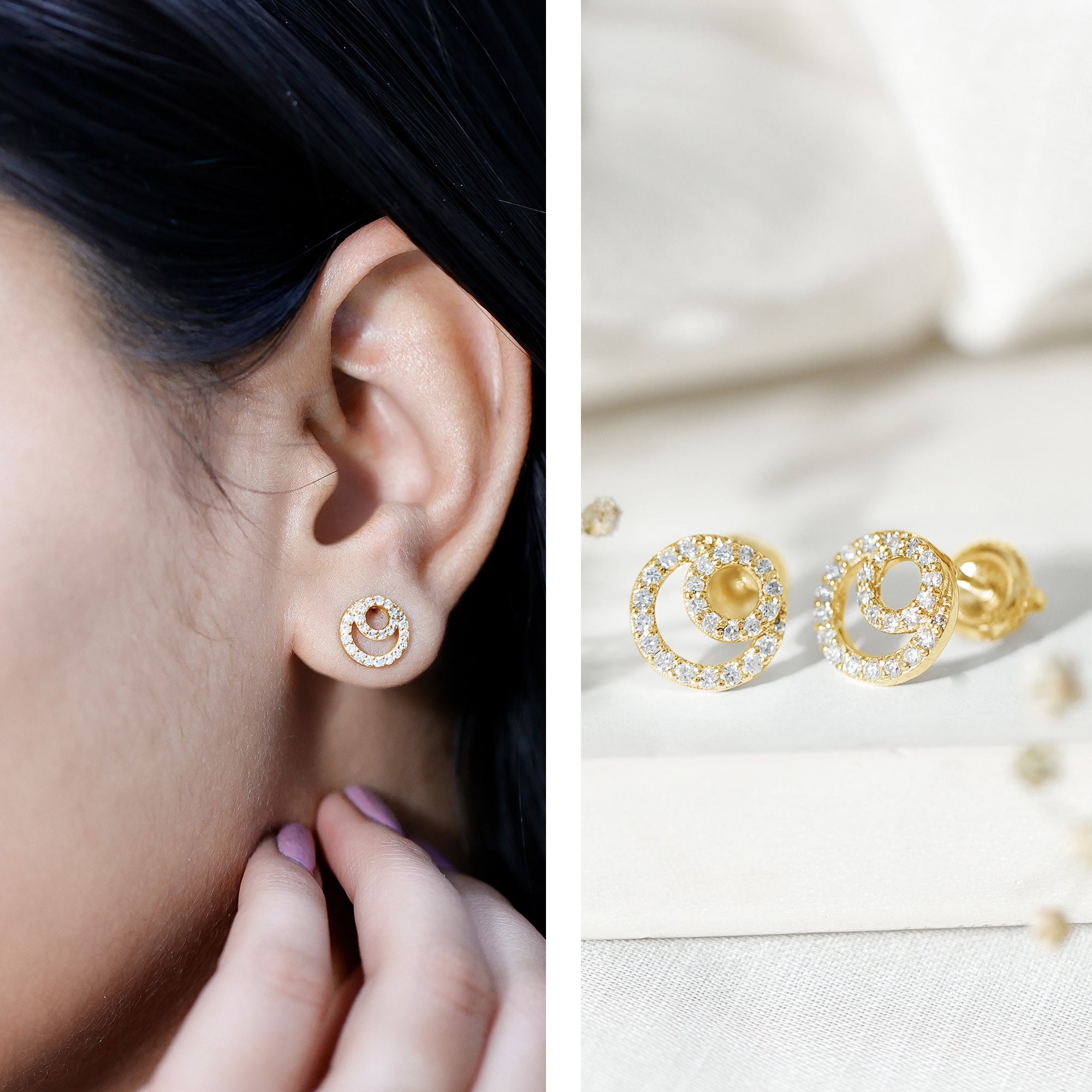 Lab Grown Diamond Double Circle Stud Earrings Lab - ( EF-VS ) - Rosec Jewels