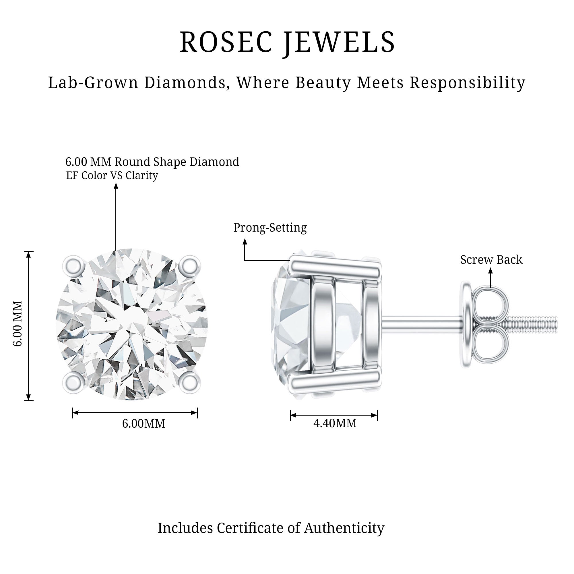 Rosec Jewels-IGI Certified 2 Carat Round Lab Grown Diamond Stud Earrings with Screw Backs