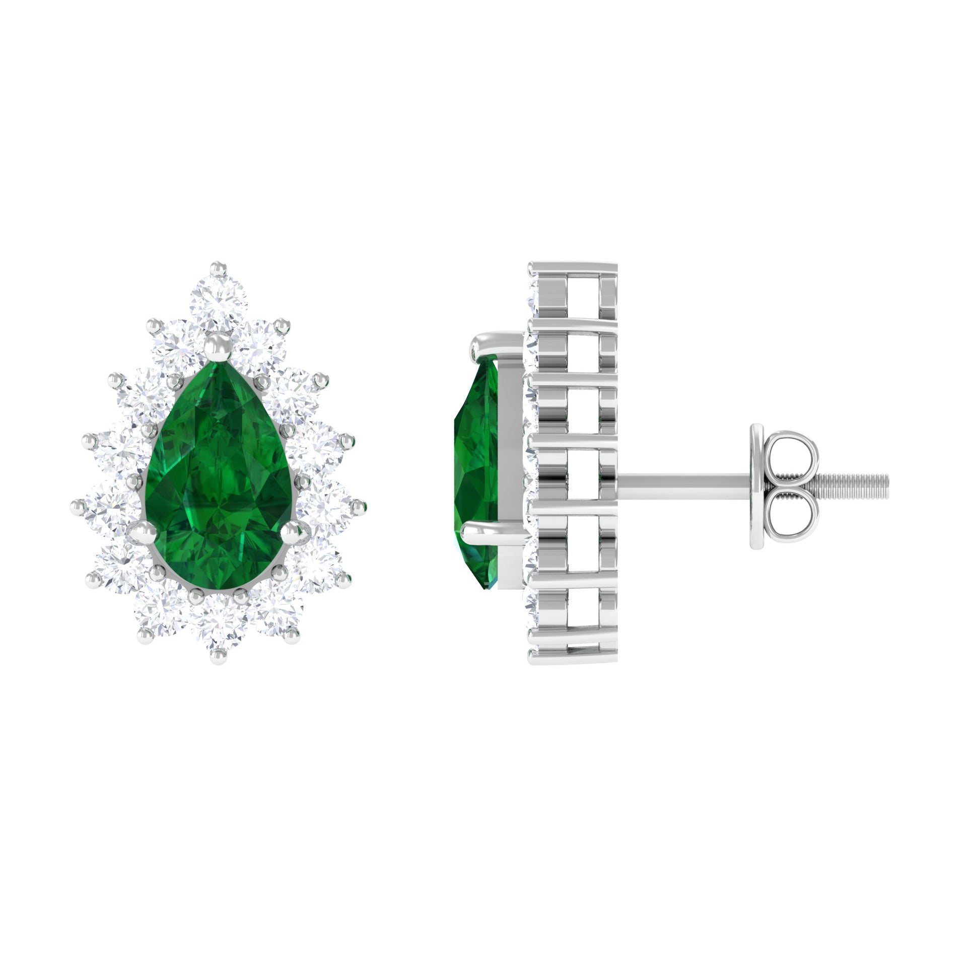 Lab Created Emerald Teardrop Stud Earrings with Moissanite Halo