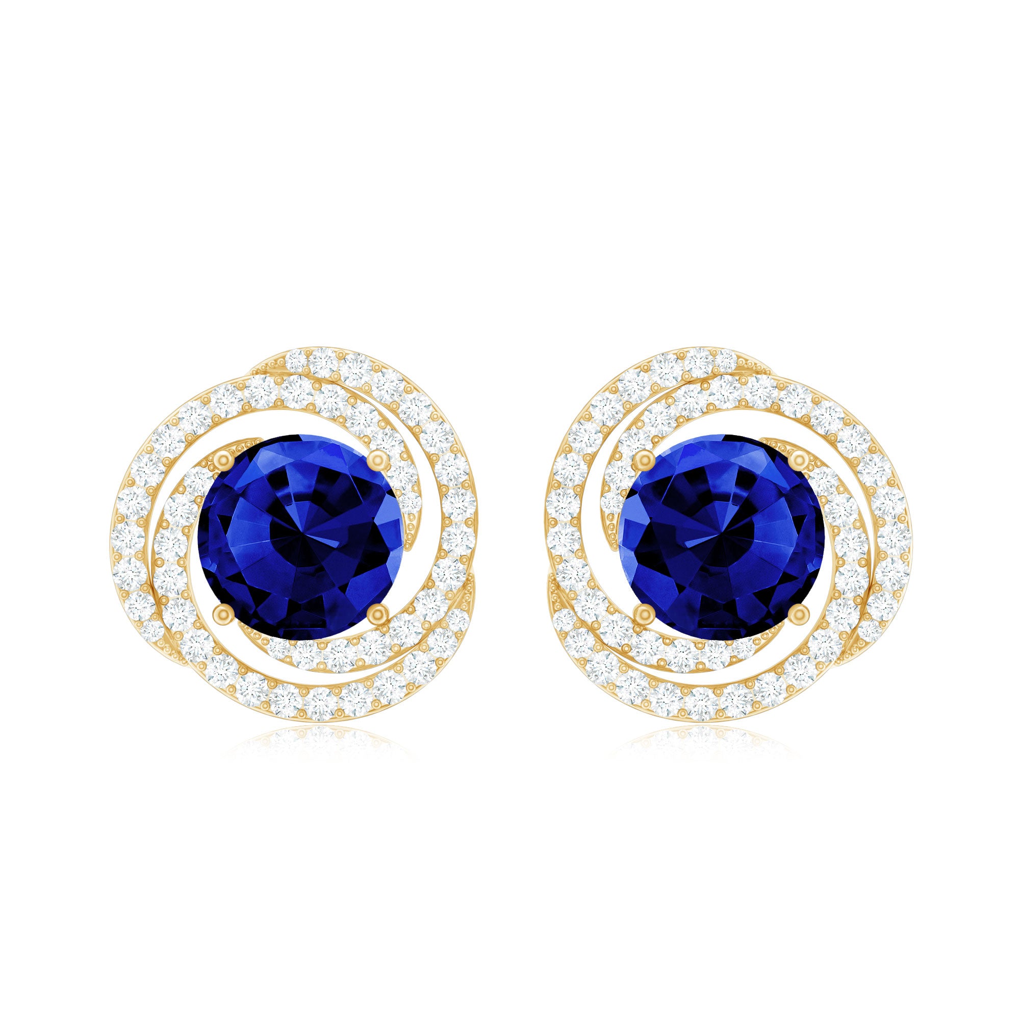 Lab Grown Blue Sapphire and Diamond Swirl Stud Earrings AAAA - Rosec Jewels