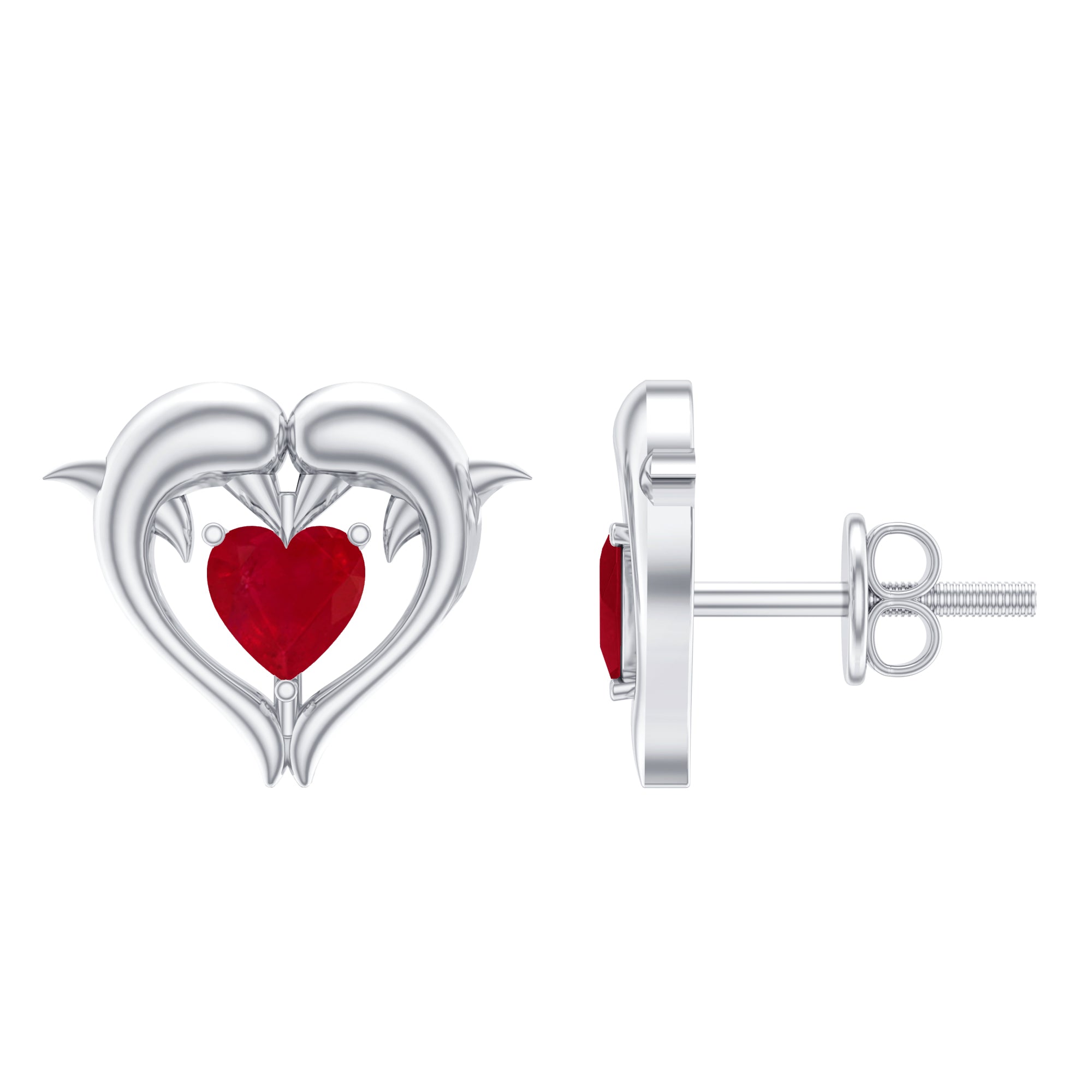 Heart Shape Ruby Dolphin Stud Earrings