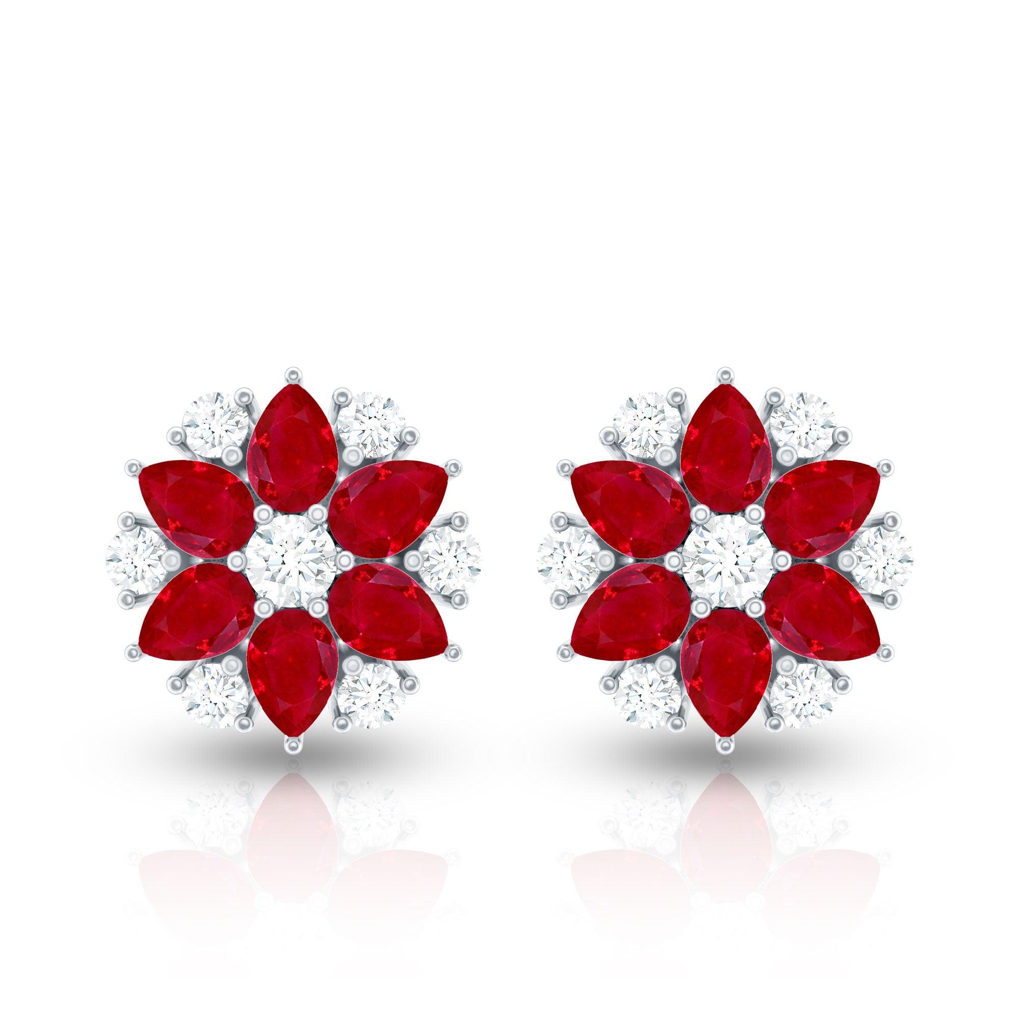 Pear Cut Ruby and Diamond Vintage Flower Earrings AAA - Rosec Jewels