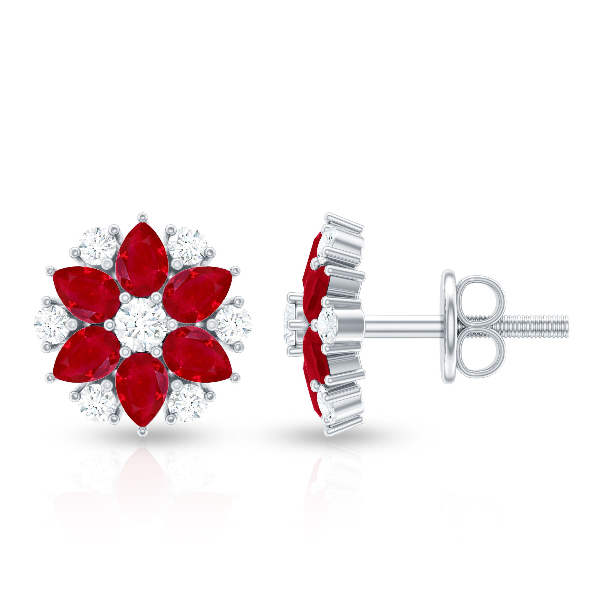 Pear Cut Ruby and Diamond Vintage Flower Earrings AAA - Rosec Jewels