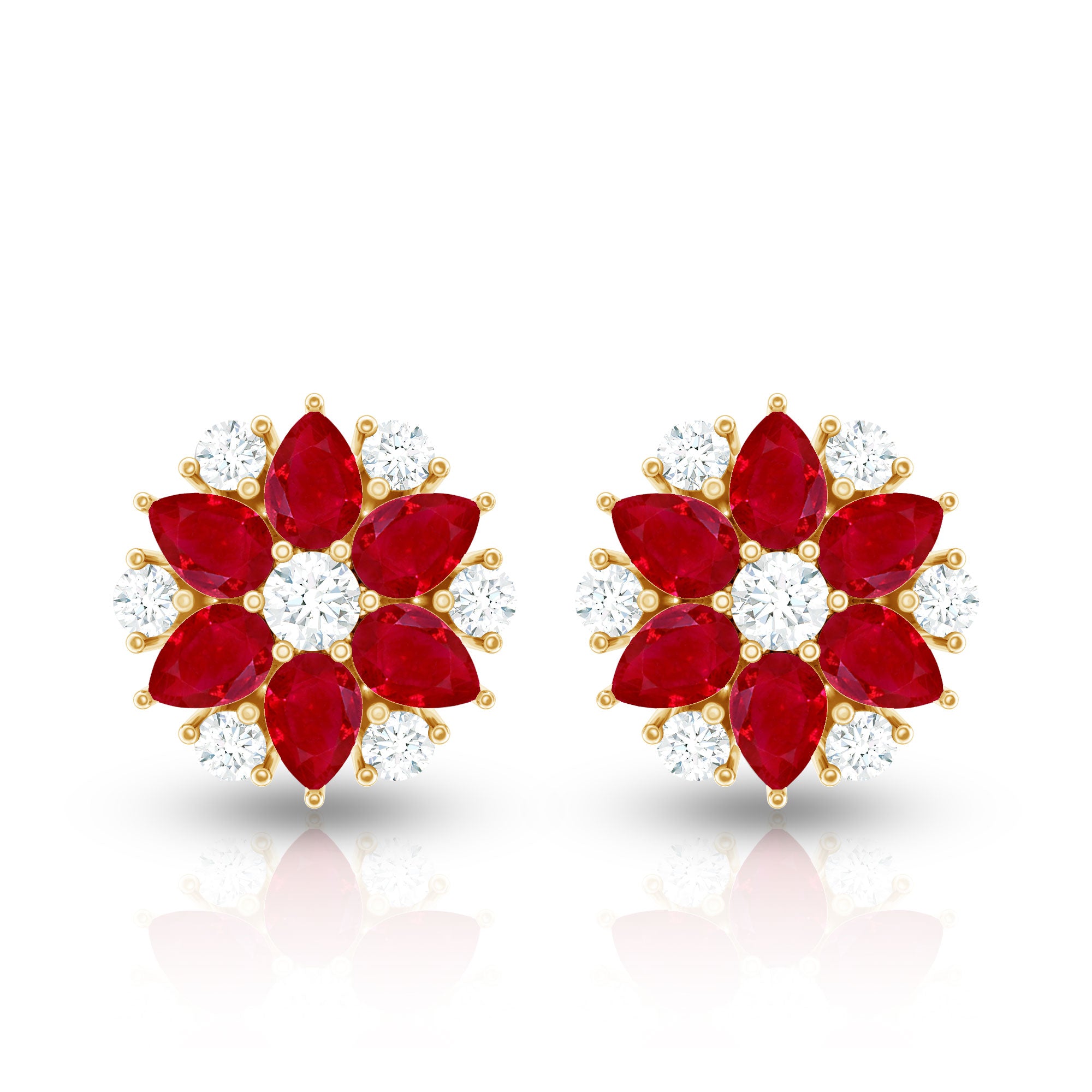 Pear Cut Ruby and Diamond Vintage Flower Earrings AAA - Rosec Jewels