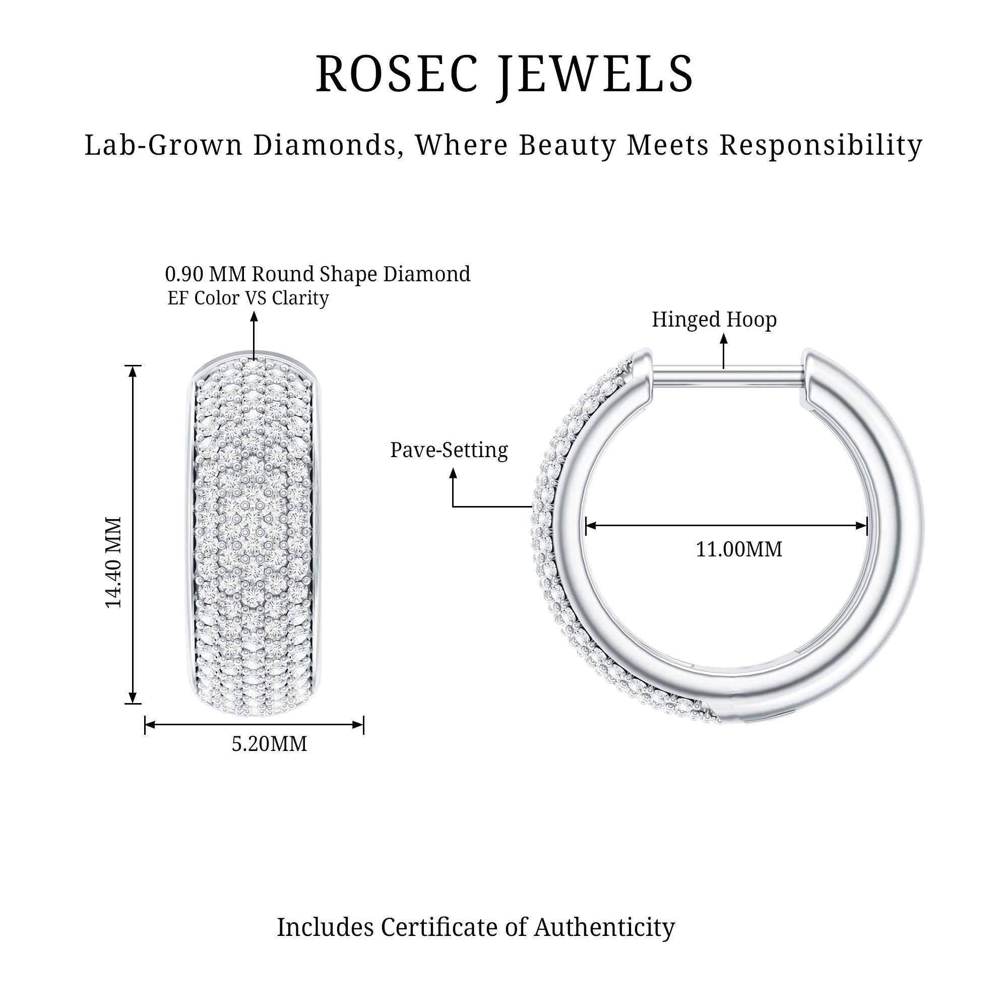 Pave Set Lab Grown Diamond Huggie Hoop Earrings Lab - ( EF-VS ) - Rosec Jewels
