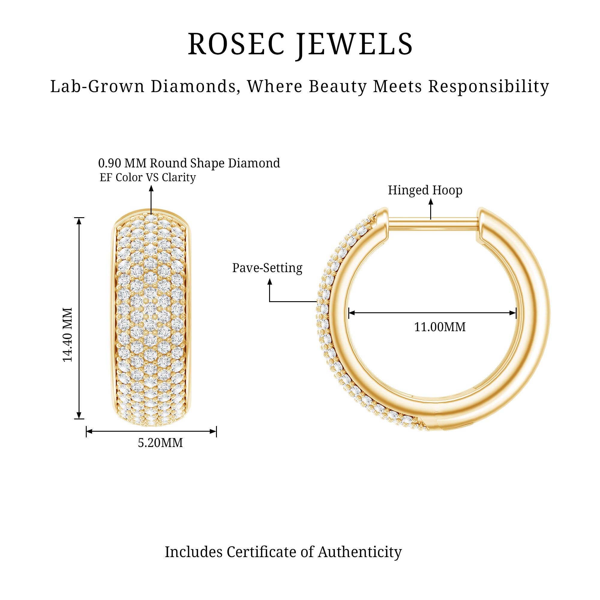Pave Set Lab Grown Diamond Huggie Hoop Earrings Lab - ( EF-VS ) - Rosec Jewels