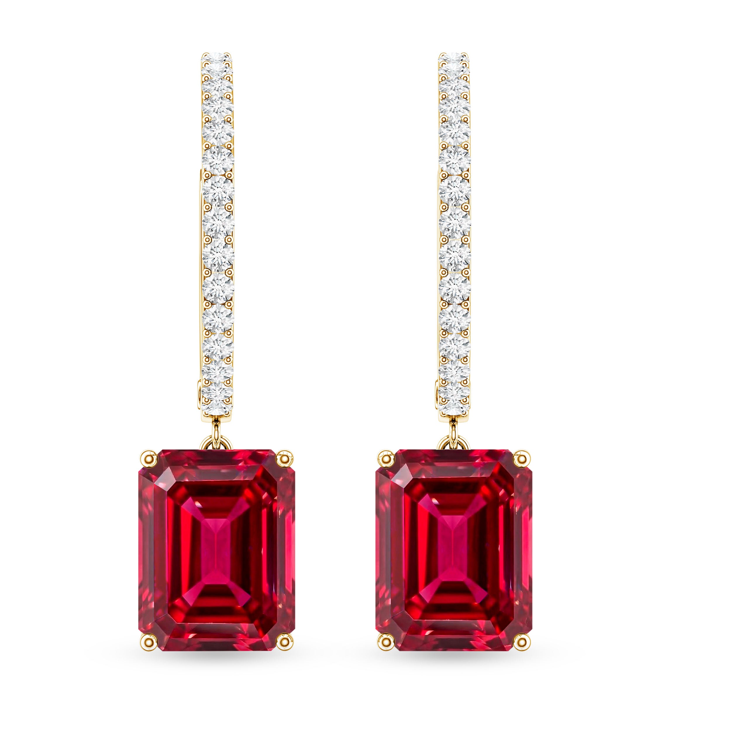 Emerald Cut Lab Created Ruby and Diamond Hoop Drop Earrings AAAA - Rosec Jewels