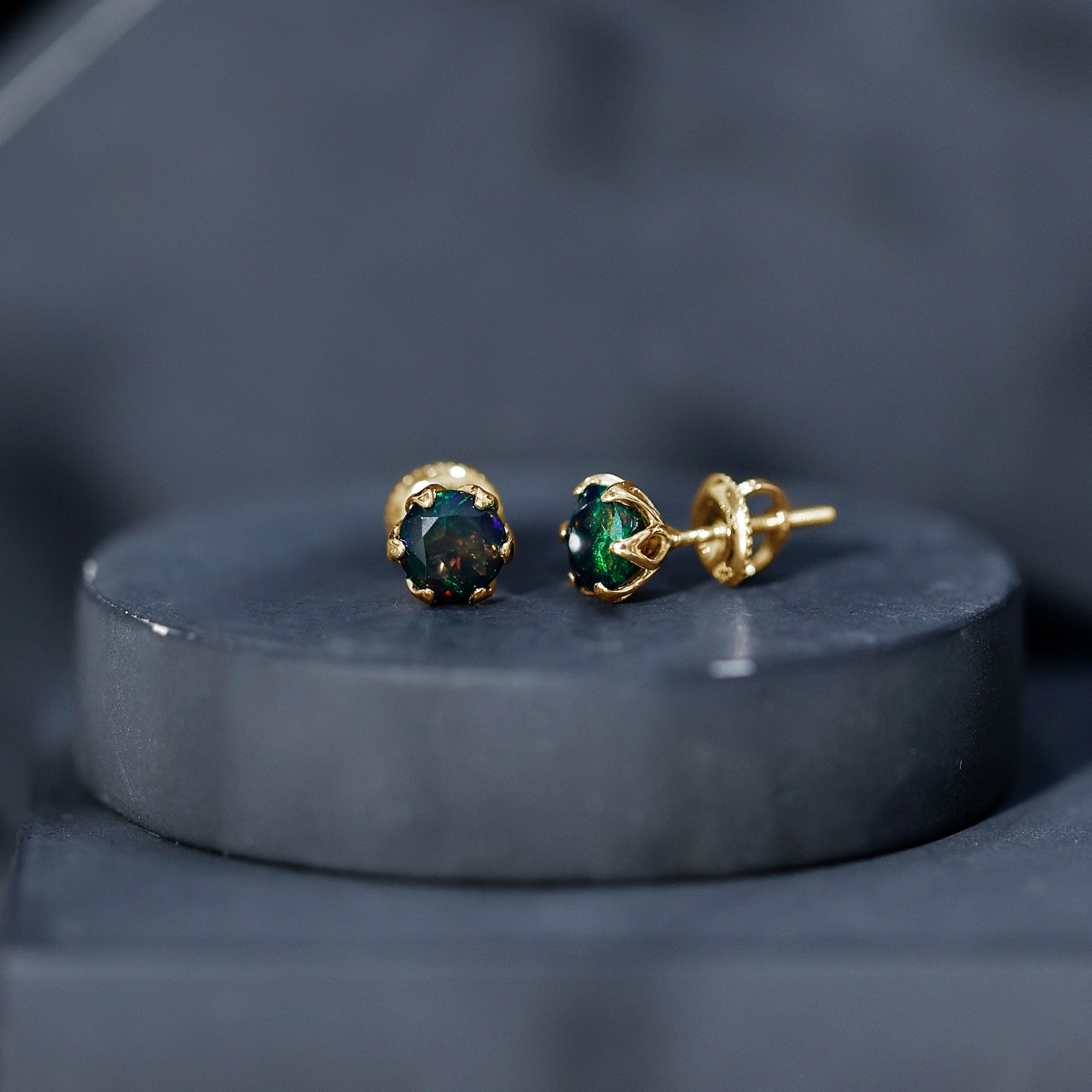 1.6 Carat Round Shape Black Opal Solitaire Stud Earrings AAA - Rosec Jewels