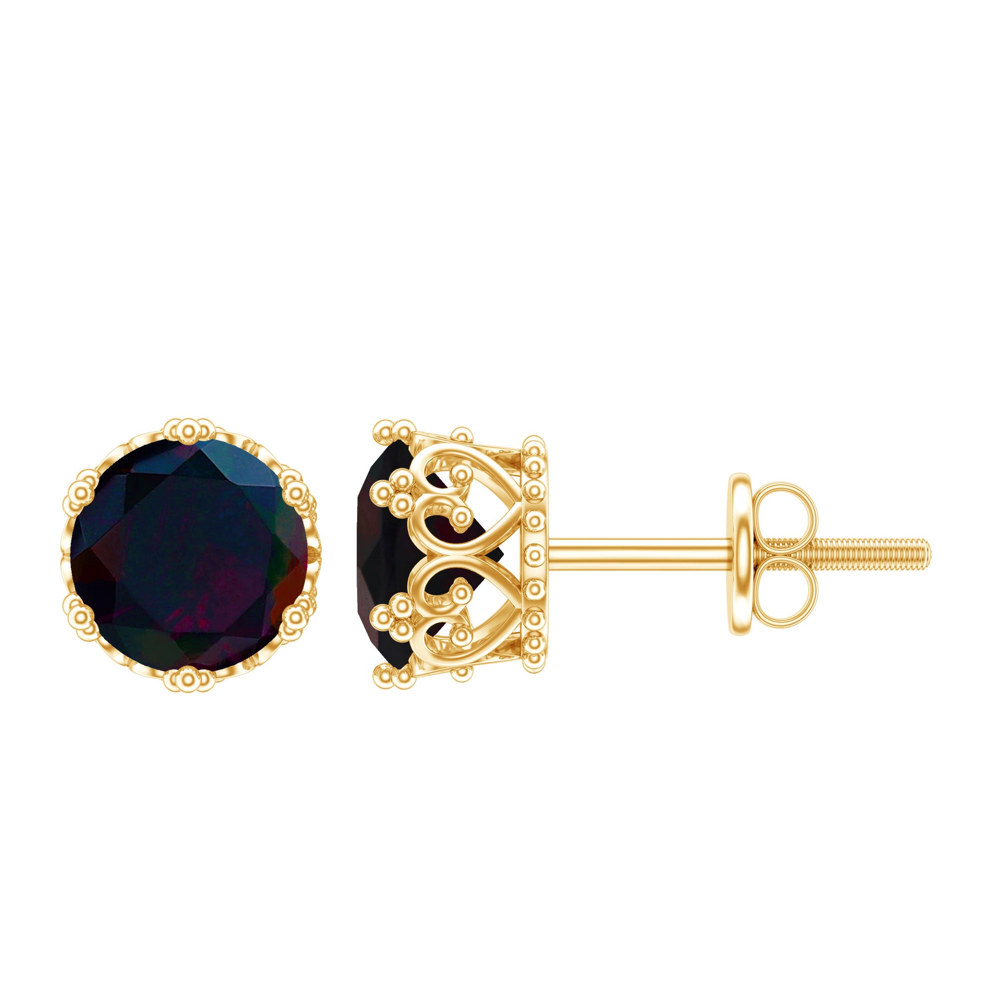 Natural Black Opal Crown Stud Earrings with Screw Back AAA - Rosec Jewels