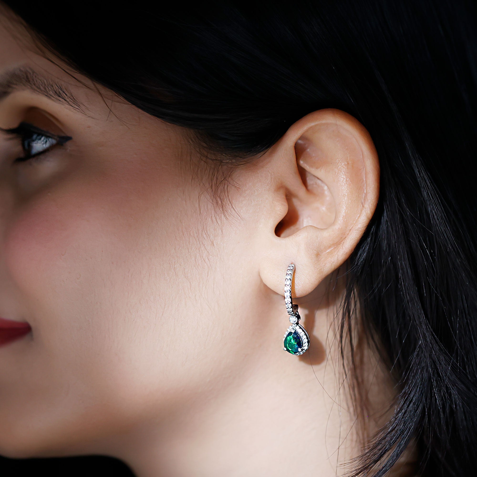 3.25 CT Classic Black Opal and Moissanite Hoop Drop Earrings Black Opal - ( AAA ) - Quality - Rosec Jewels